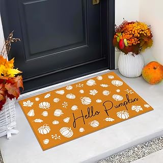 Autumn Pumpkin Thanksgiving Doormat 17x29 Inch Low-Profile Indoor Outdoor Fall Welcome Mat, Rustic Pumpkin Door Rug for Front Porch, Entryway, or Home Harvest Decor