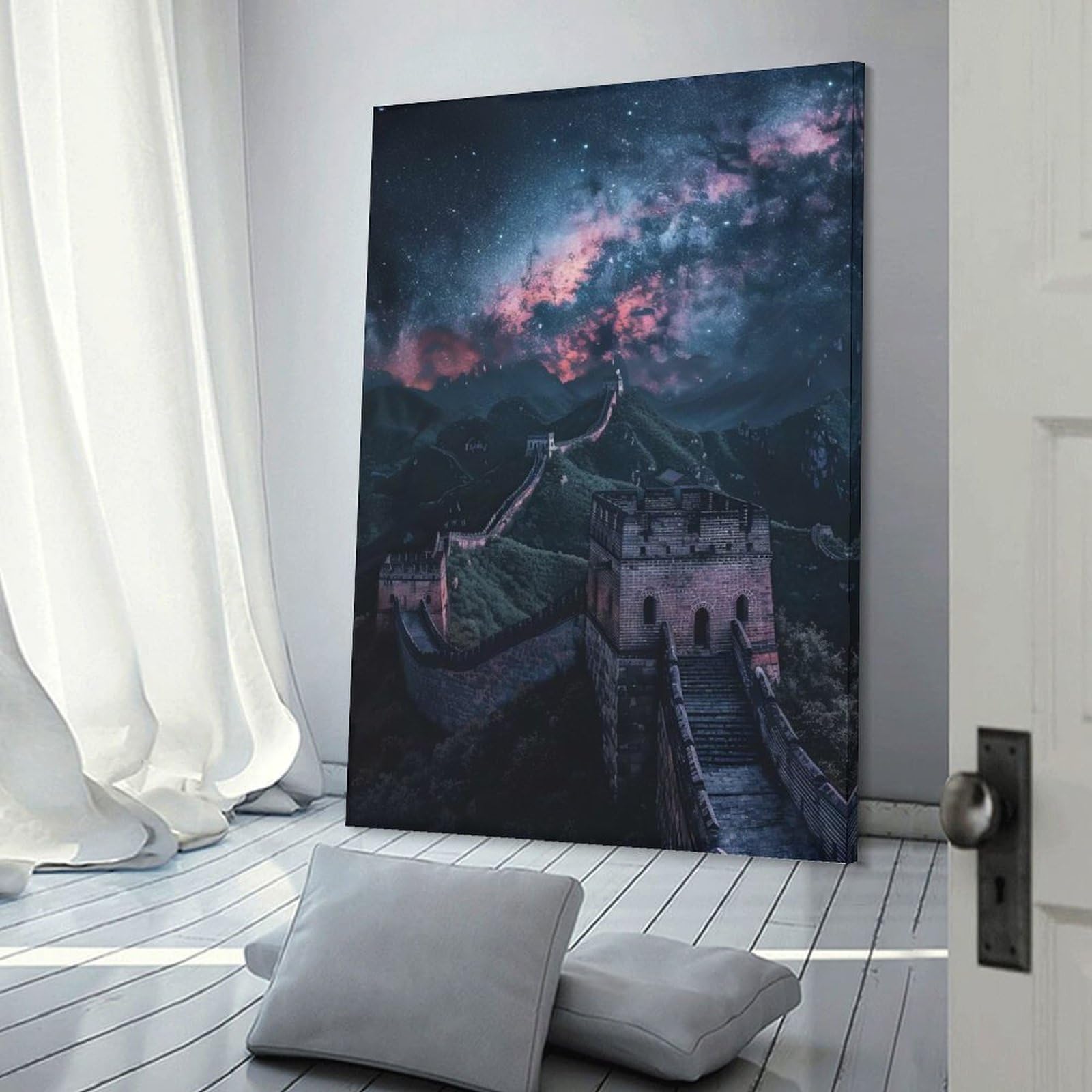 Junmoney Hanging Wall Art Starry Great Wall of China, 24x36inch(60x90cm), for Living Room, Bedroom Or Apartment Walls, Decorative Artwork for Empty Walls
