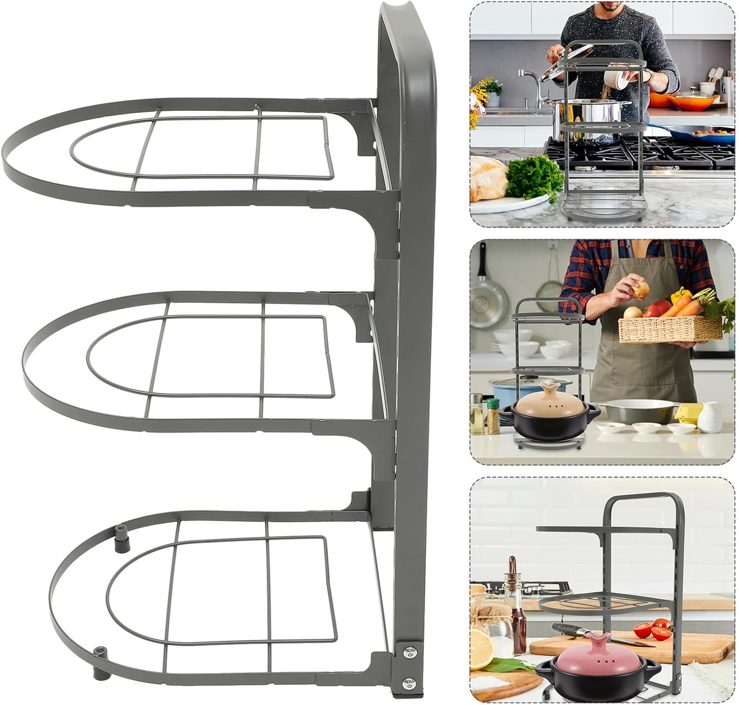 STOBAZA Foldable Carbon Steel Pot Rack Kitchen Organizer Multipurpose Pan and Bakeware Storage with Smooth Edges for Cabinet Under Sink Space Saving