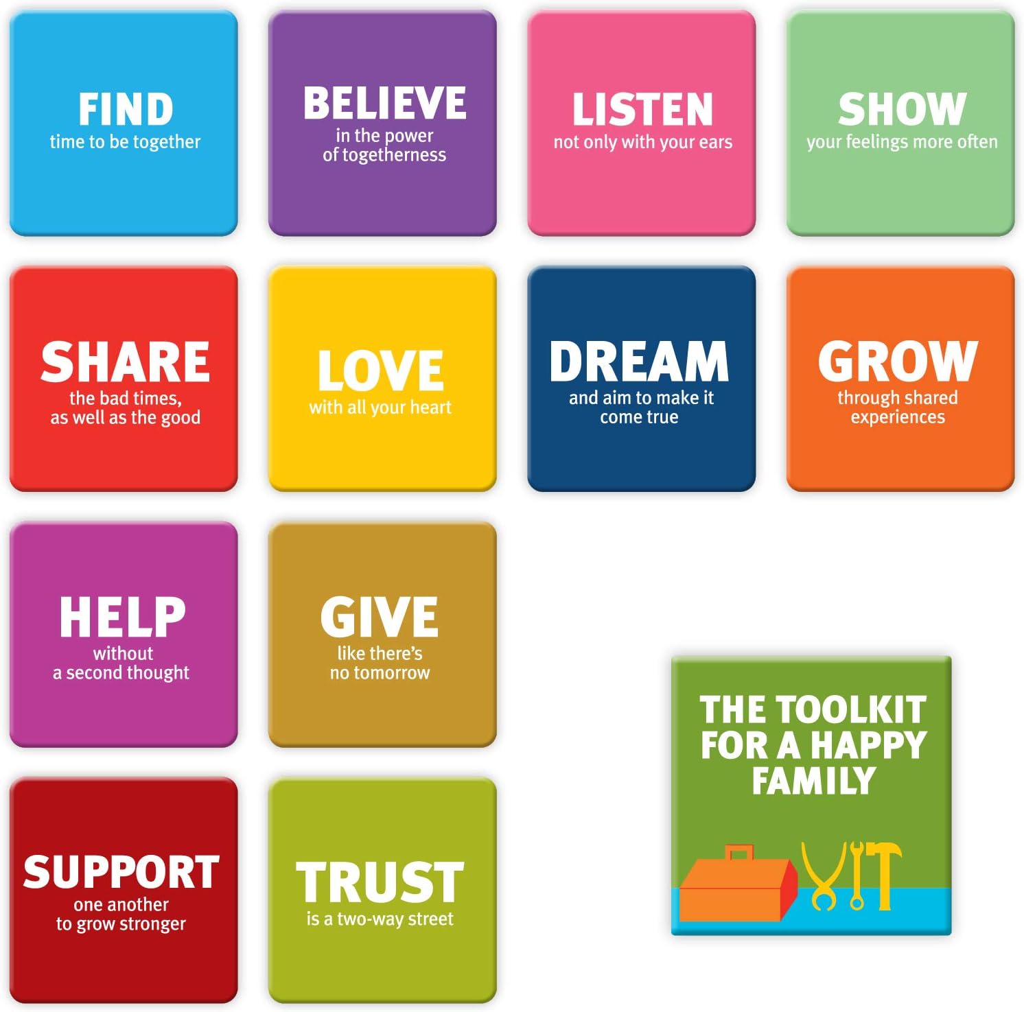 Tsoomi Magnets Family Tool Box - 12 Refrigerator Motivational Magnets in a Designed Box. Inspirational & Fun. Suitable for Any Magnetic Surface - Kitchen Decor, Fridge, White Boards, Lockers and More
