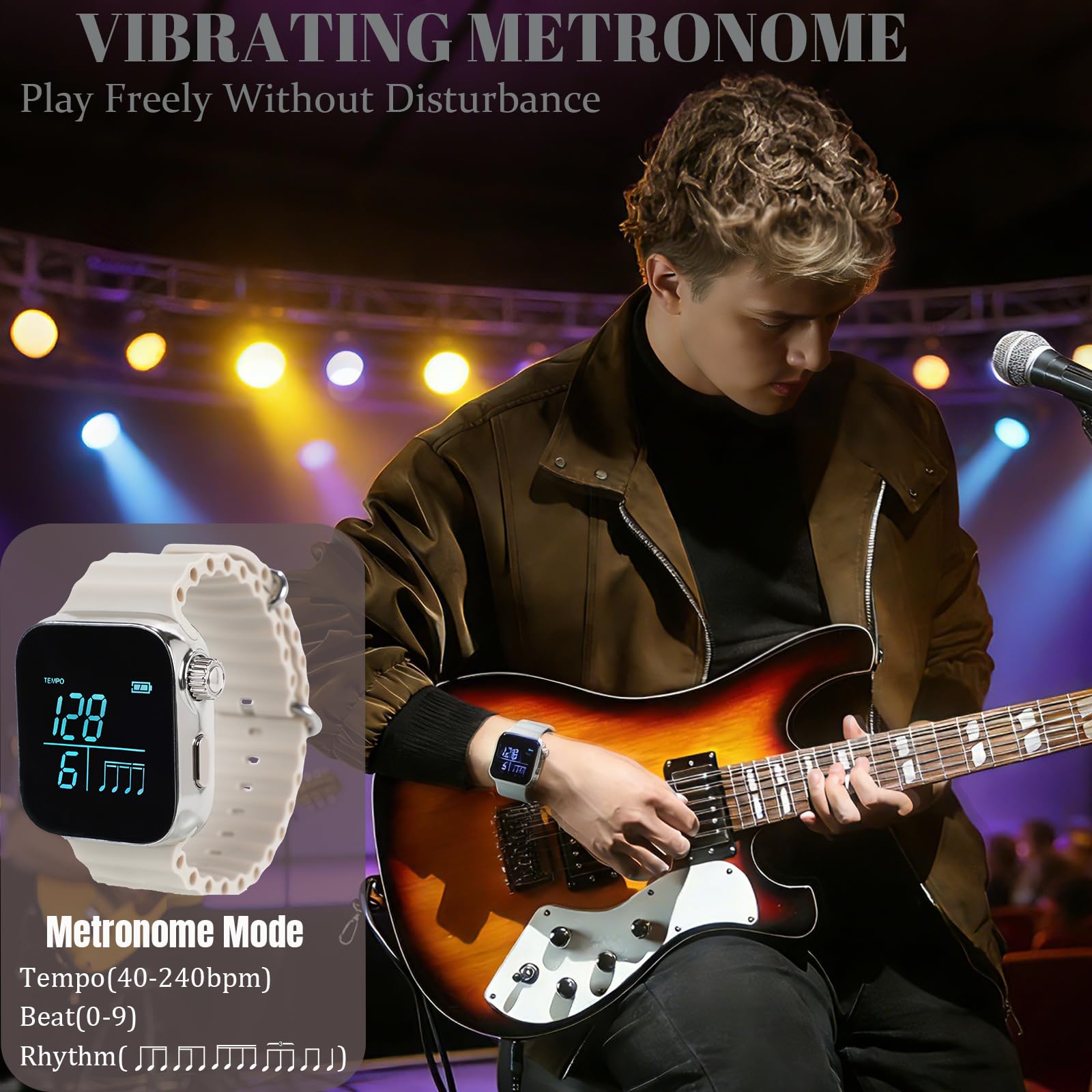 AKLOT Reloj de metrónomo vibrador, metrónomos de pulso ajustables por aplicación (instrumento/deportes/tiempo de 24 horas), metrónomo de muñeca para práctica de batería/guitarra, ritmo de vibración