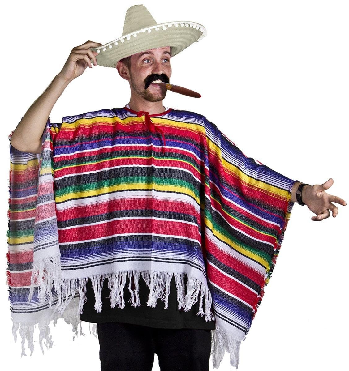 Adults Mexican Costume - Multicoloured Poncho, Natural Sombrero, Black Stick-On Moustache - Mens Womens Mexico Cinco de Mayo Mariachi Bandit Fancy Dress Costume