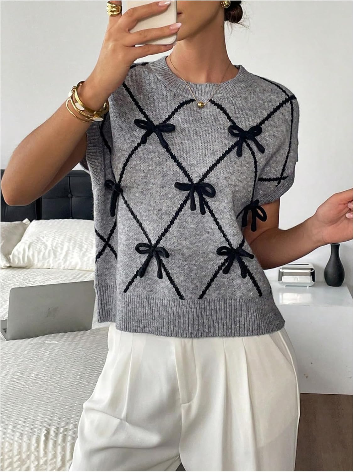 SOLY HUX Women's Short Sleeve Sweater 3D Floral Sweaters Pullover Tank Tops Knit Vest Trendy Fashion Clothing Grey Bows Large - Image 2