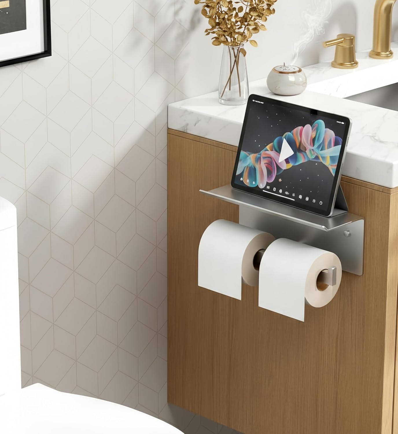 FORIOUS Double Toilet Paper Holder with Shelf, 304 Stainless Steel Wall Mount Commercial Toilet Paper Dispenser, Bathroom Tissue Roll Holder with Storage for Phone, Book, Essentials, Brushed Nickel