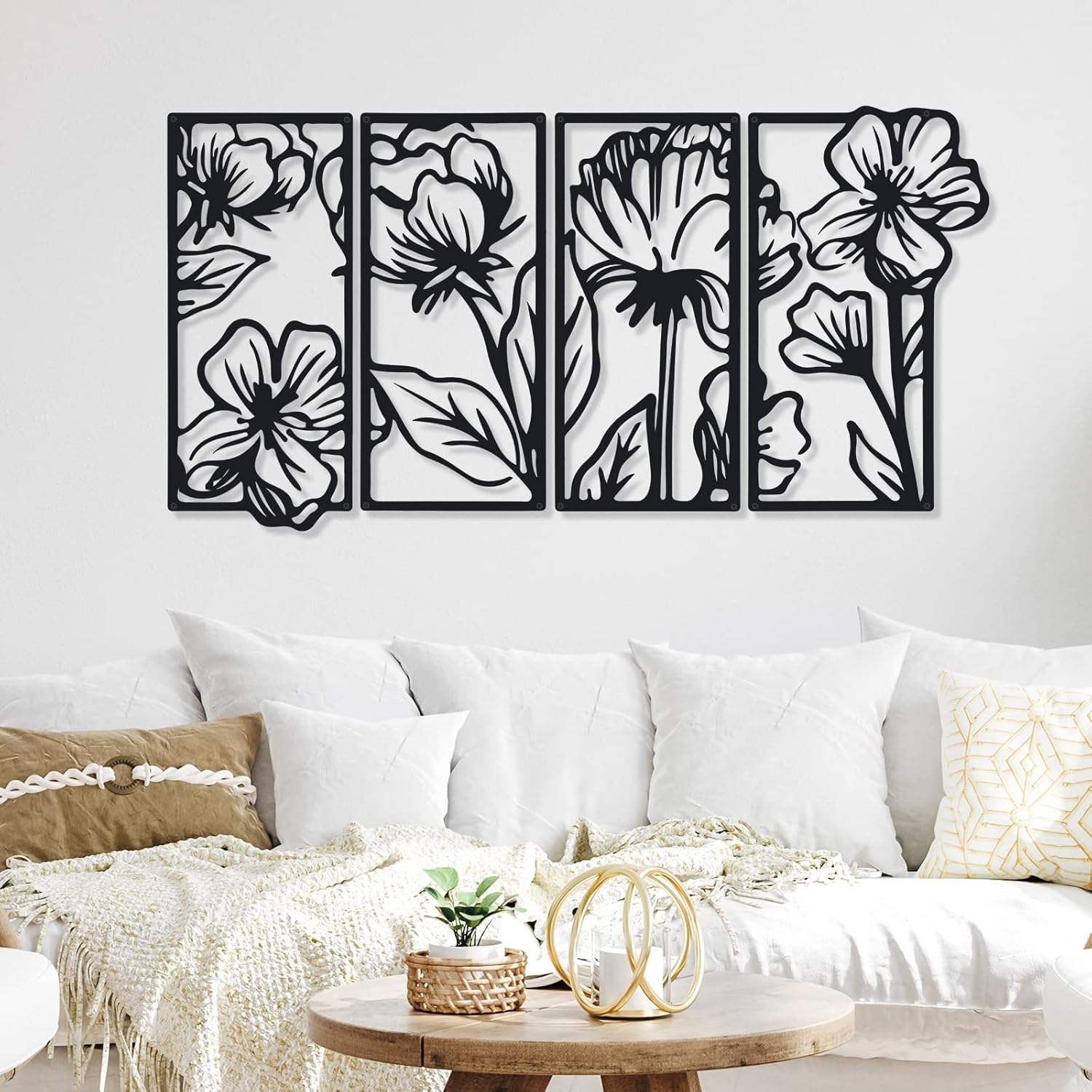 Cunno 4 Pcs Wall Decor Metal Floral Minimalist Line Art Wall Living Room Bedroom Flower Aesthetic Modern Sculpture Poppy Theme Hanging Home Kitchen Bathroom Decorations (Black, Elegant)