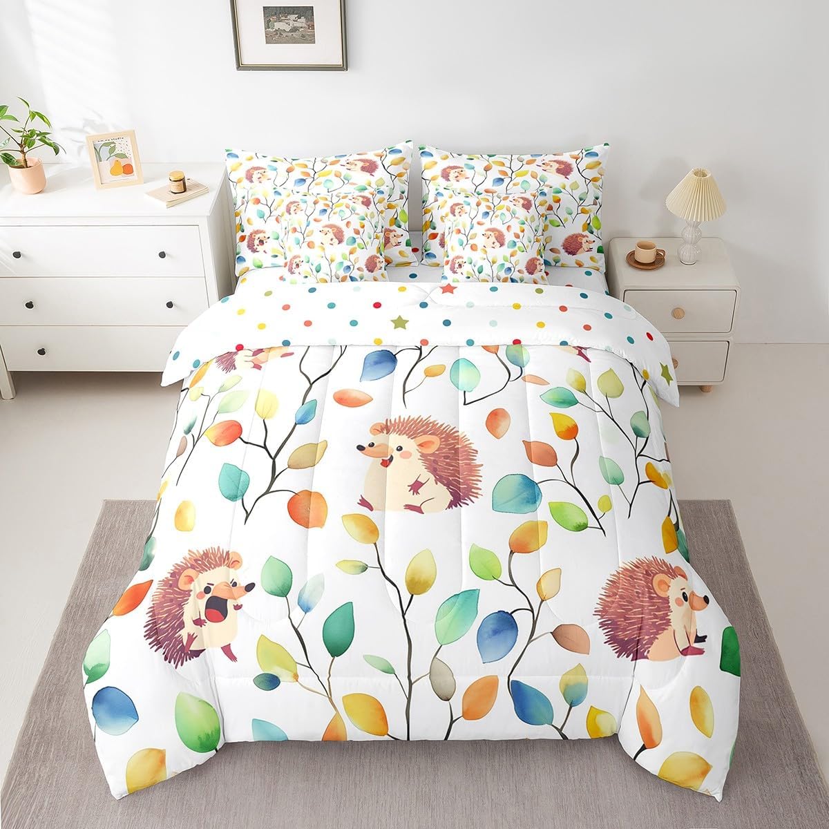 Erosebridal 7Pcs Cute Hedgehog Bedding Comforter Sets for Kids Boys Girls Boho Floral Bed in a Bag, Colorful Leaves Twin Bedding Sets Abstract Watercolor Plant Comforter Set, Wild Animal Bedding Sets