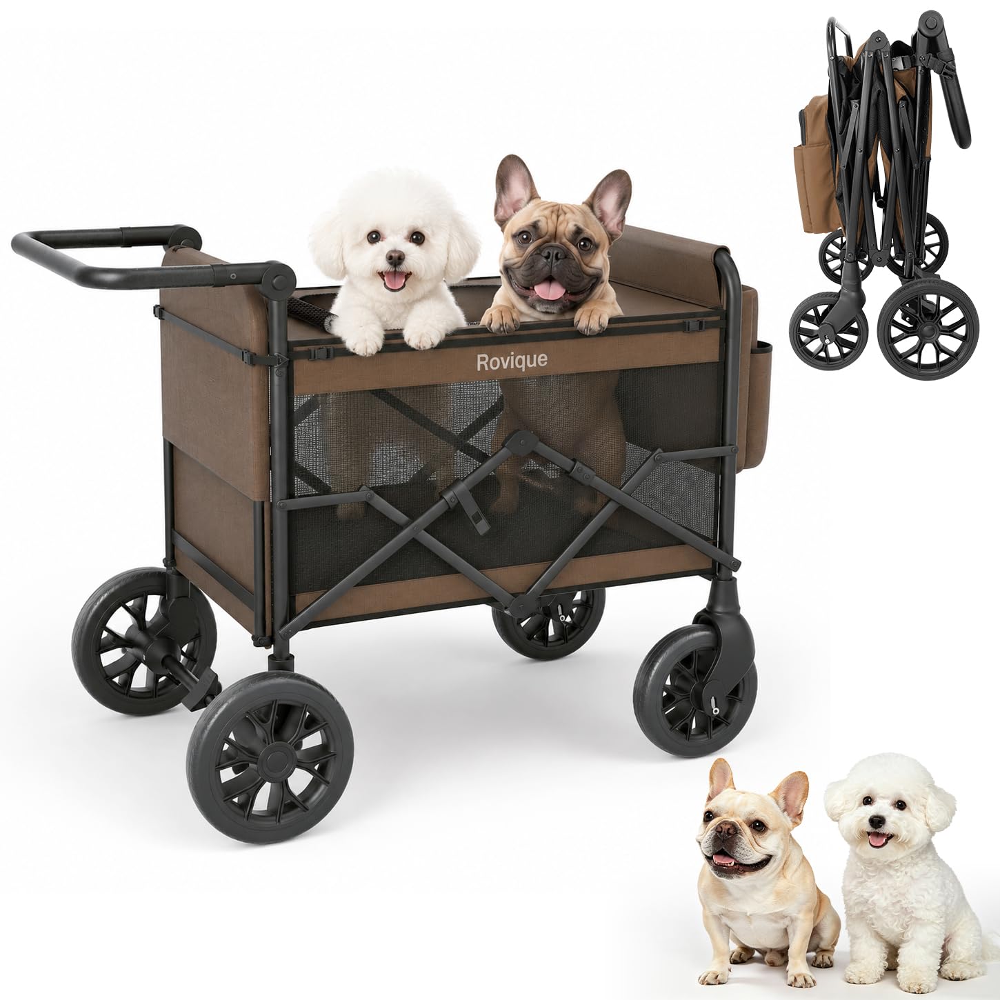 Rovique Dog Wagon for Small & Medium Dogs, Foldable Pet Stroller with Ramp, All-Terrain Rubber Wheels, Zipper-Open Canopy, One-Step Foot Brake, Front Storage Pockets, Cup Holder
