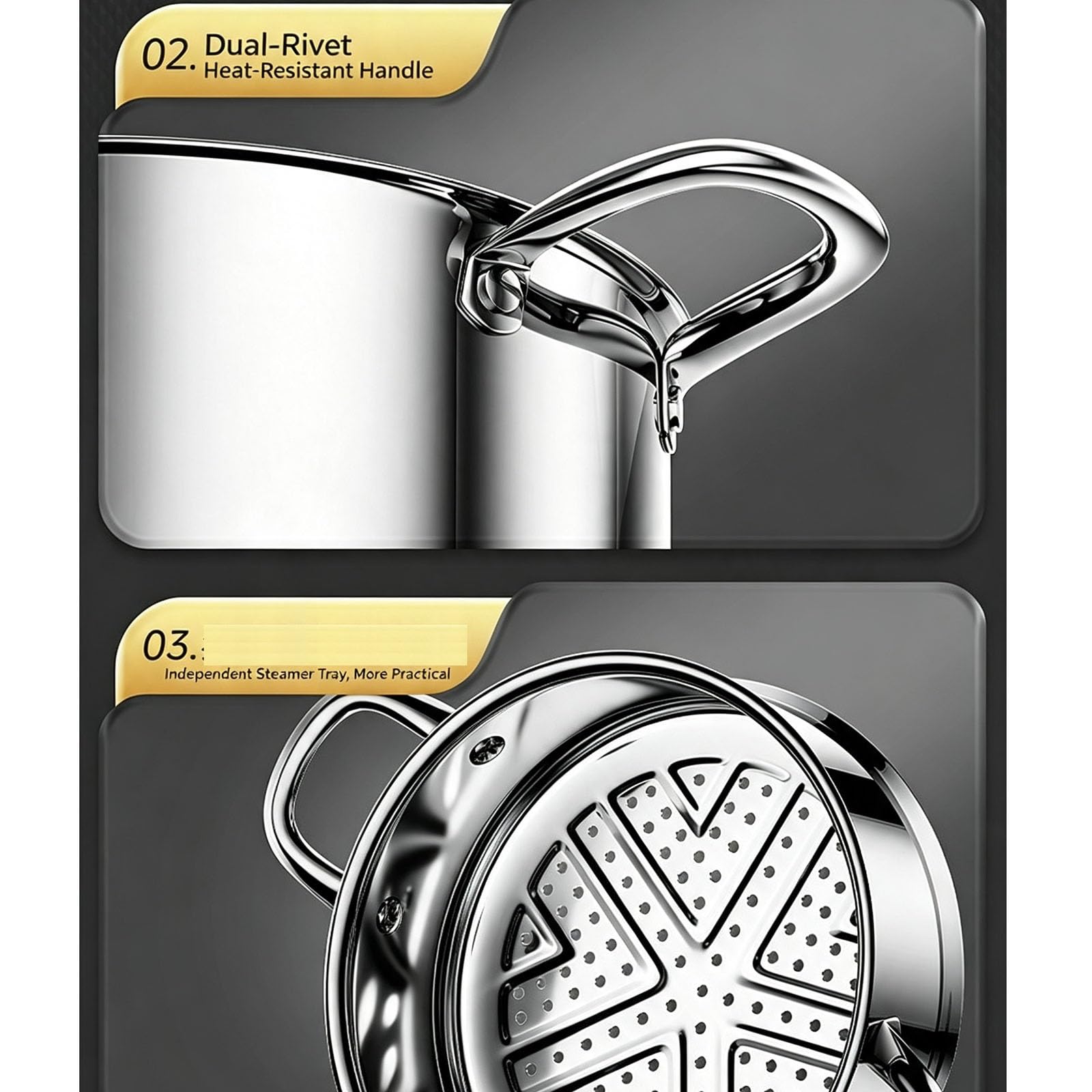 2-stöckiger Dampfgartopf aus Edelstahl mit Glasdeckel | Großer Suppentopf, kompatibel mit Induktion und Gas, for Kochen mit der Familie(22cm)