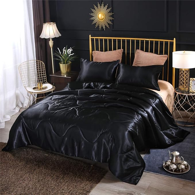 NTBED Silky Satin Comforter Set Queen Black, Soft