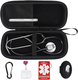 MGZNMTY 6 Pcs Stethoscope Case Kit, Perfect Nurse Gift Include Hard Stethoscope Case for 3M Littmann Classic III, AirTag Holder, Medical Alert Label, ID Card, Nurse Badge Clip, Carabiner (Black)