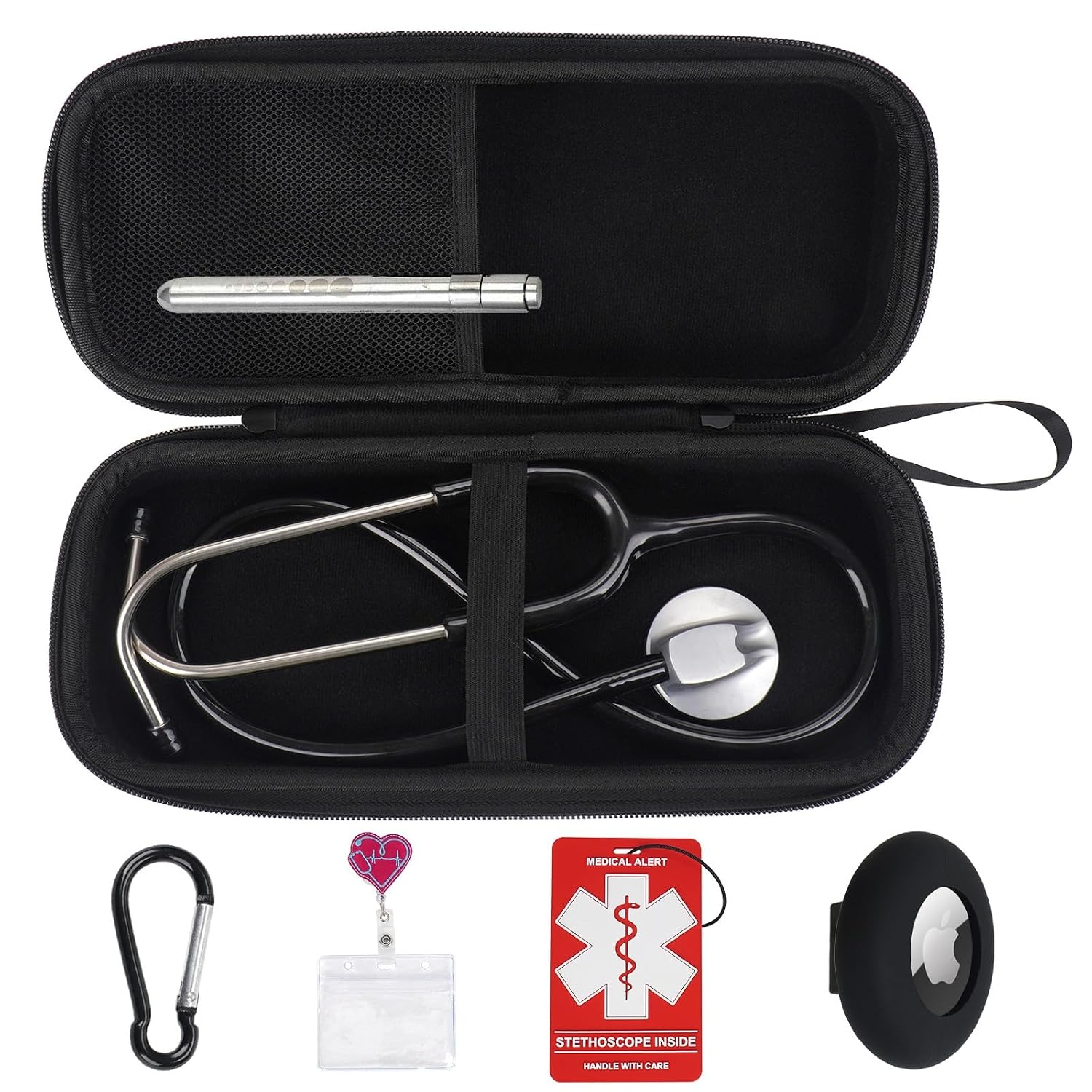 MGZNMTY 6 Pcs Stethoscope Case Kit, Perfect Nurse Gift Include Hard Stethoscope Case for 3M Littmann Classic III, AirTag Holder, Medical Alert Label, ID Card, Nurse Badge Clip, Carabiner (Galaxy)