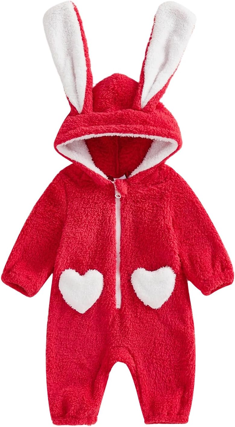 Afunbaby Newborn Baby Girl Boy Clothes Bear Onesie Long Sleeve Snowsuit Hooded Romper Winter Clothes (Bunny Red, 3-6 Months)