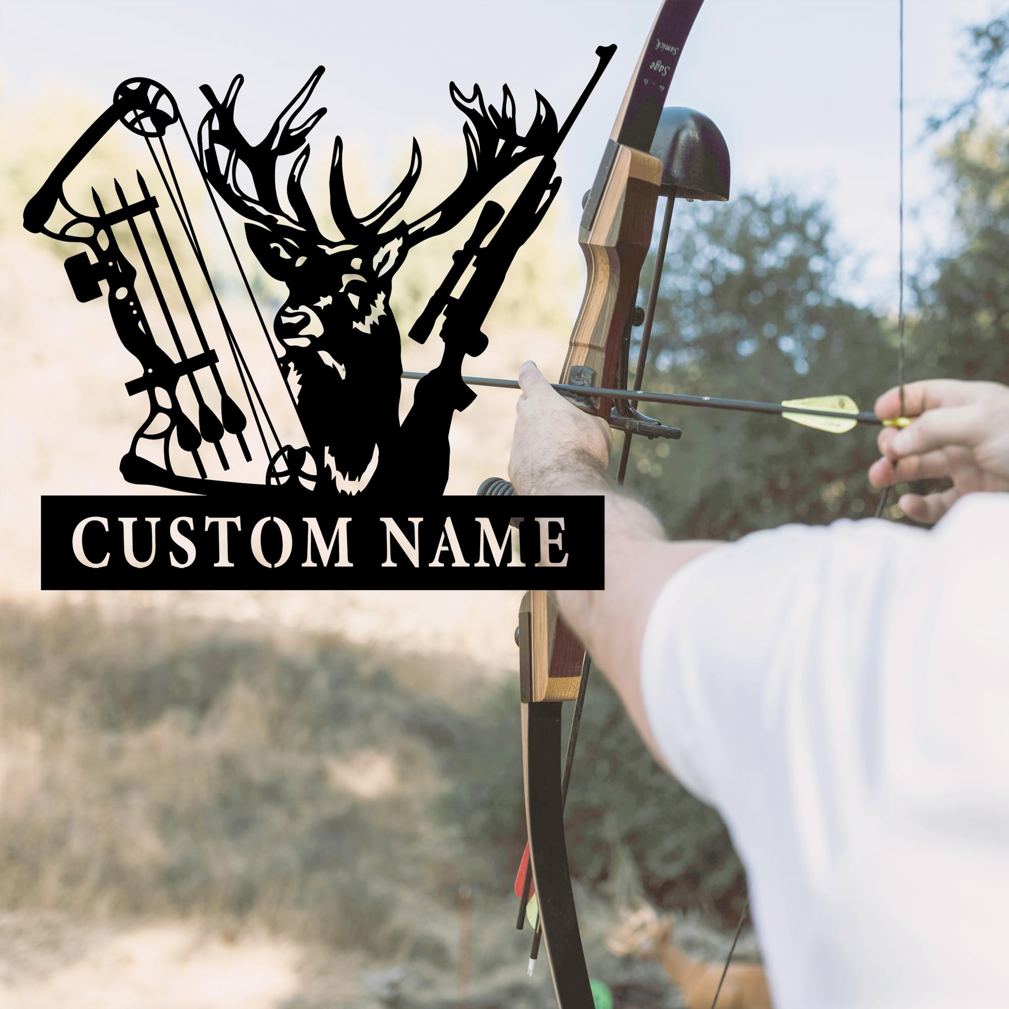 Custom Deer Hunting Metal Sign,Personalized Bow and Hunting Rifle Metal Wall Hanging,Deer Hunter Sign, Hoom Decor, Hunter's Gift,8-24 inch