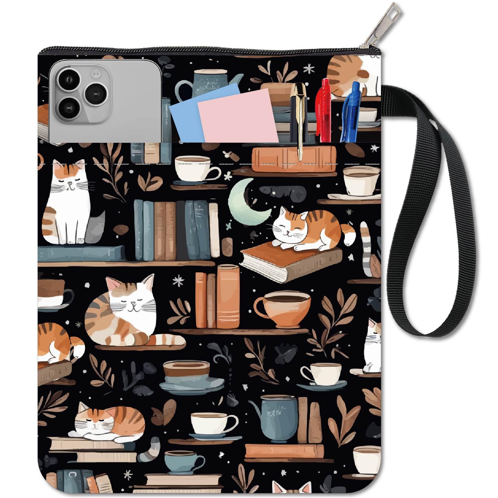 CRASPIRE 11x8.6In Cloth Book Cover Cute Cat Library Moon Fabric Sleeve Pocket Washable Reusable Notebook Wraps Double Sided Paperback Protector Bag Zipper for Book Lovers Bookworm