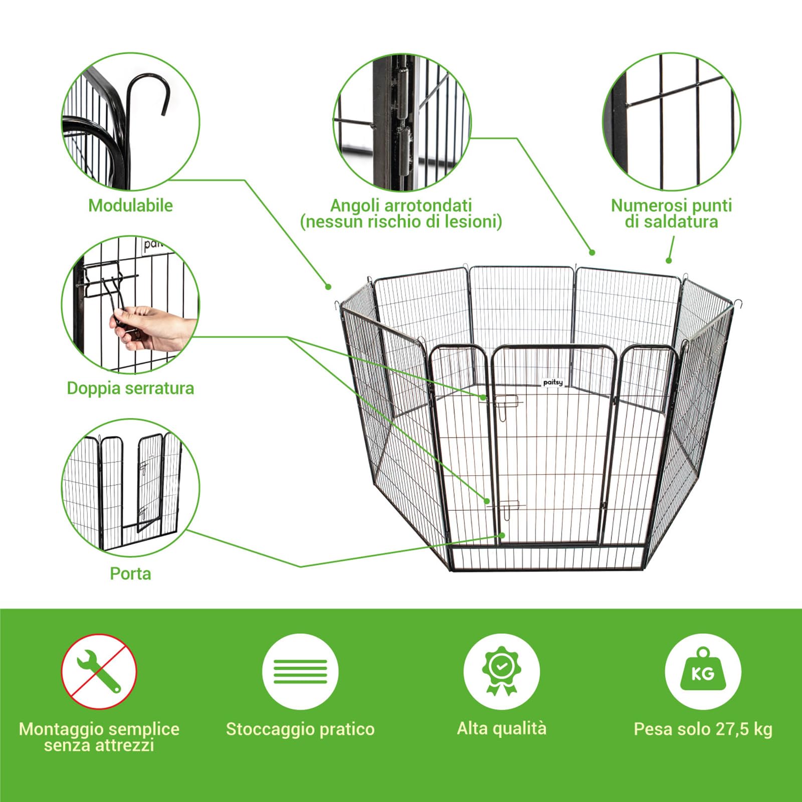 Recinto per cani, cuccioli e conigli GARDEO100x120x8, 8 pannelli 100x120cm, 4M2, modulabile, per interni ed esterni, pieghevole, garanzia 5 anni, Paitsy
