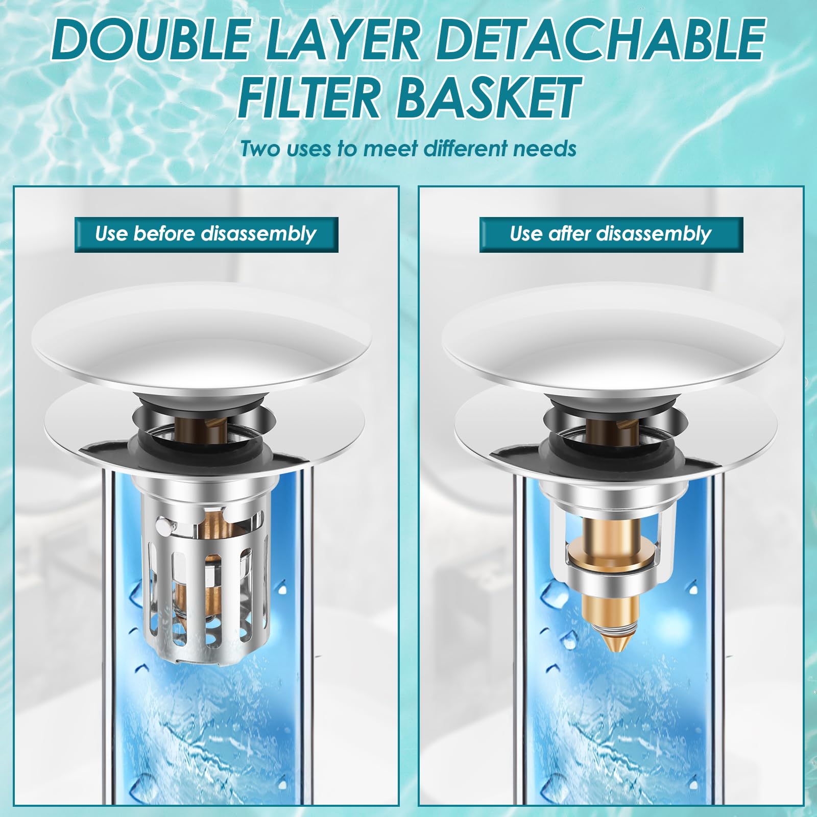 Lot de 2 Bondes de Lavabo Pop Up pour 28-55mm, Bouchon de Lavabo avec Filtre, Bouchon Evier Salle de Bain en INOX