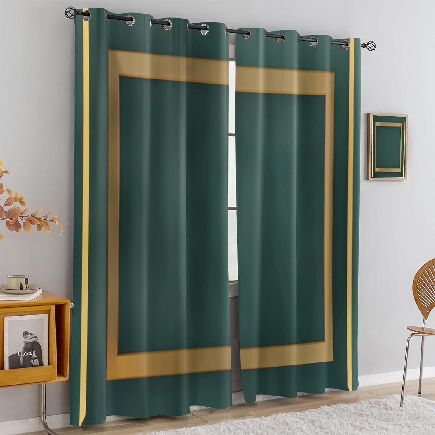 Luxury Emerald Green Blackout Curtains, Abstract Gold Geometric Living Room Thermal Insulated Curtains, Noise Reducing Privacy Bedroom Curtain for Restaurant Office Apartment Hotel (54"W x 39"L)