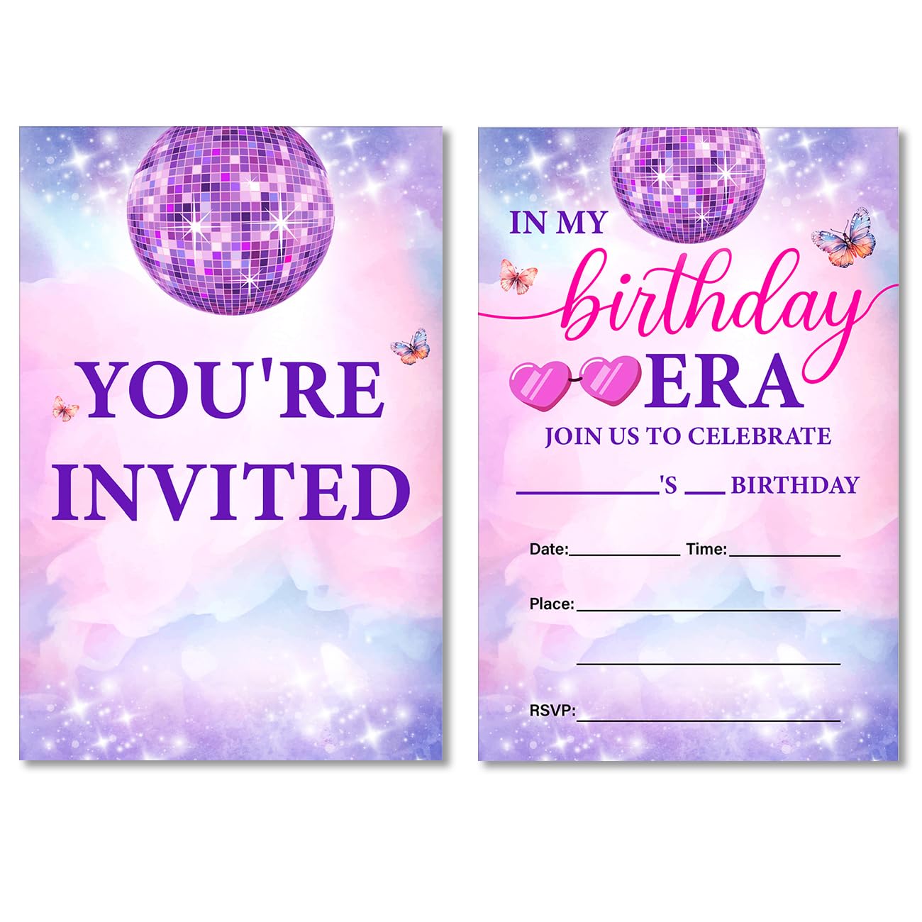 Soiceu Teen Girl Birthday Party Invitations Pink Purple Disco Music in My Birthday Era Invites with Envelopes Set of 20