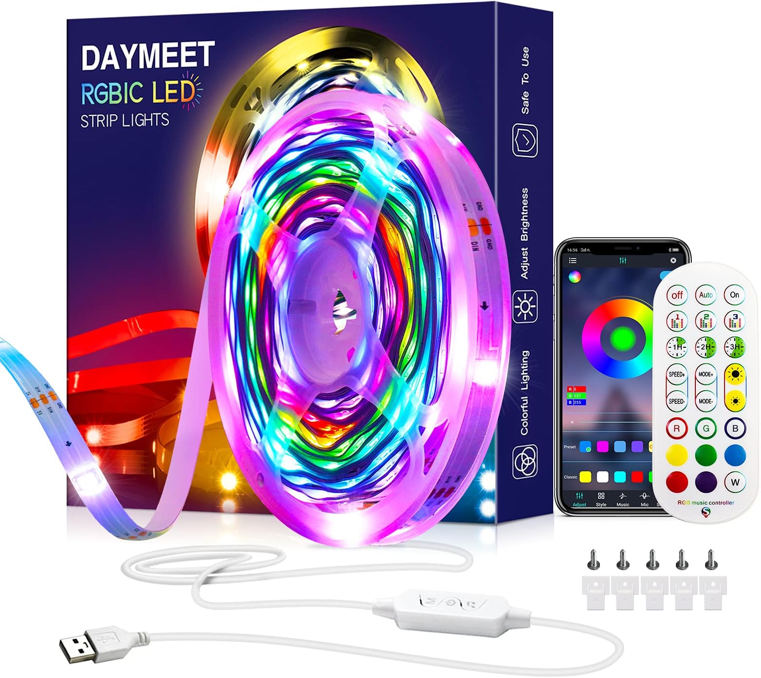 Daymeet Led Lights for Bedroom, 33ft Led Chasing Effect Dream ICRGB Light Strip, USB Smart Light Strips APP Control Music Sync Color Changing Led Strip Lights with Remote for Home christmas Decoration