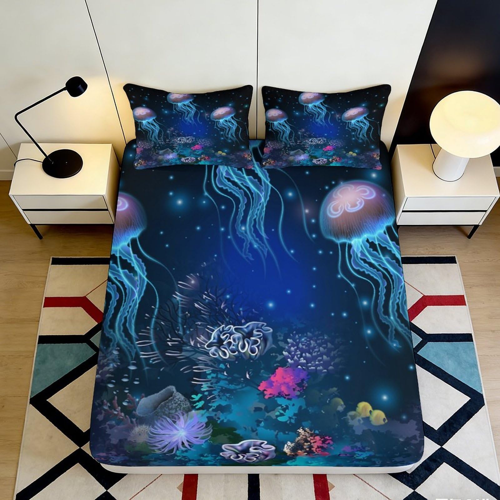 3D Printed Jellyfish Ocean Fitted Sheet Microfiber Durable Soft Blue Underwater Bed Cover Mattress Protector for Bedroom Guest Room Dormitory 180x200x25cm