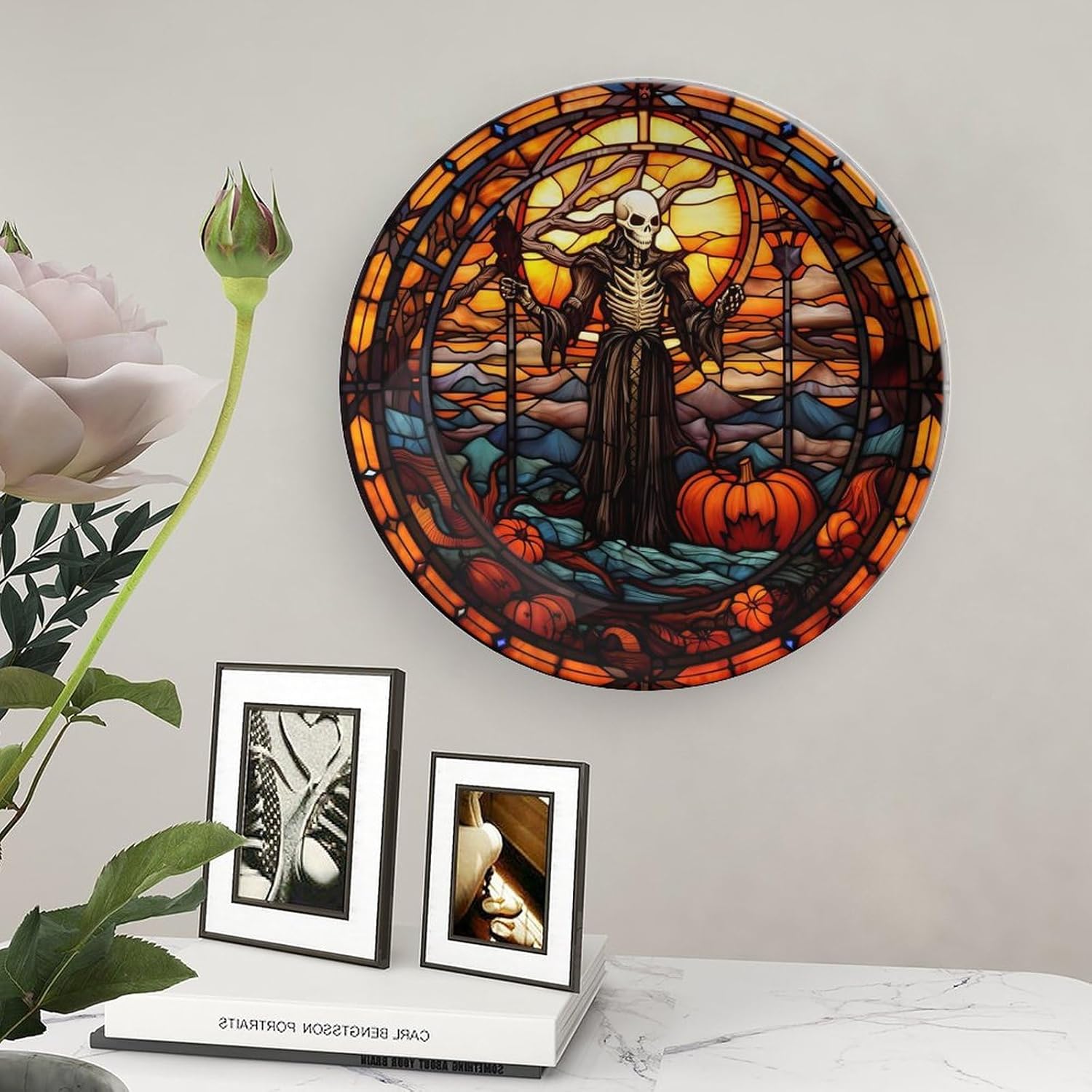 Decorative Plates, Halloween Ghost Stained Glass Design Display Plate for Home Office Kitchen Table Decor Porcelain Plates 8 Inch, Gifts for Halloween