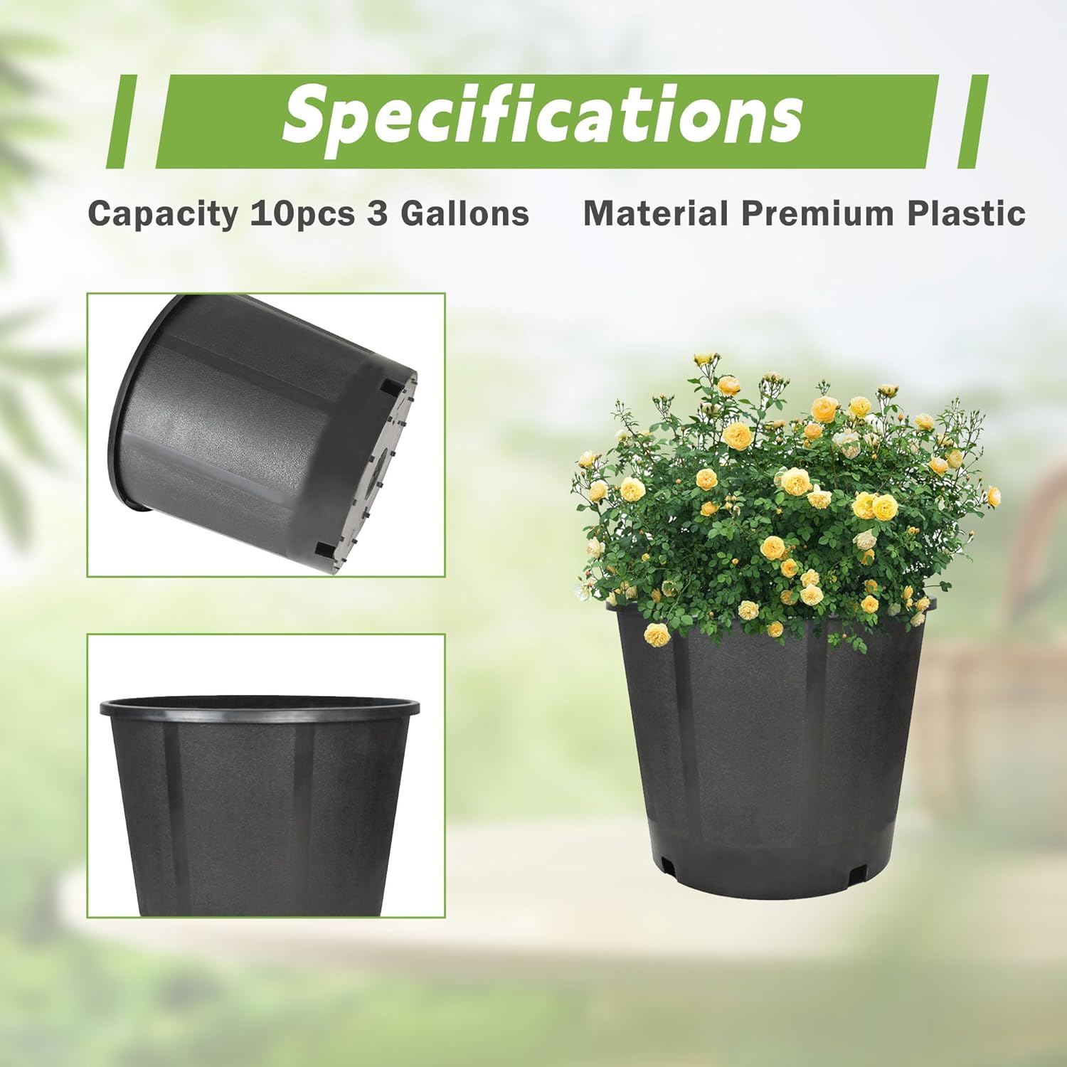 HOSTIC 3 Gallon Flexible Nursery Pots Gallon Pot with Drainage Holes Plastic Plant Container Suitable for Indoor Outdoor Vegetables Flowers Plants 10 PCS