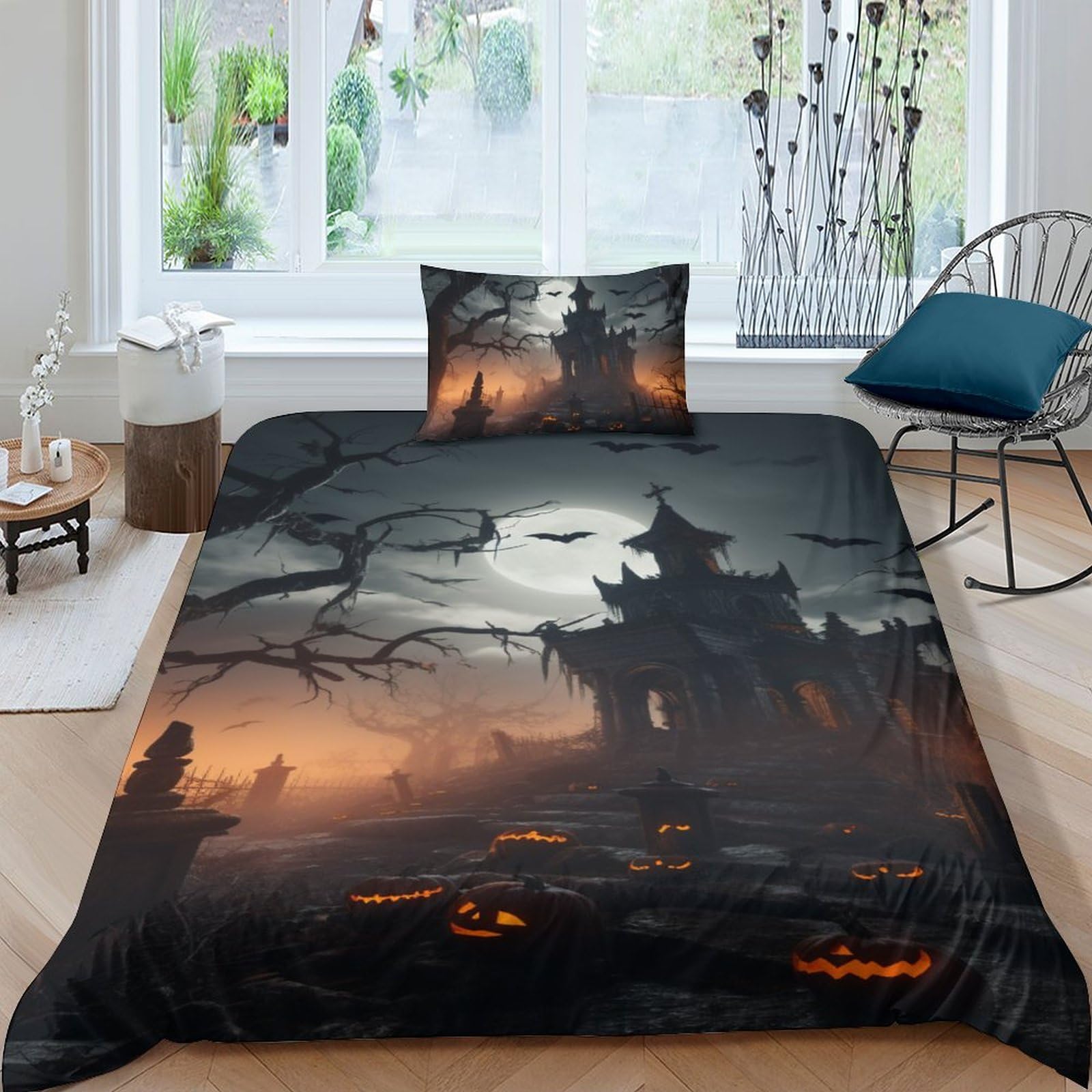 Parure de lit Halloween SCOOVY 3 pièces avec housse de couette et taies d'oreiller motif 3D