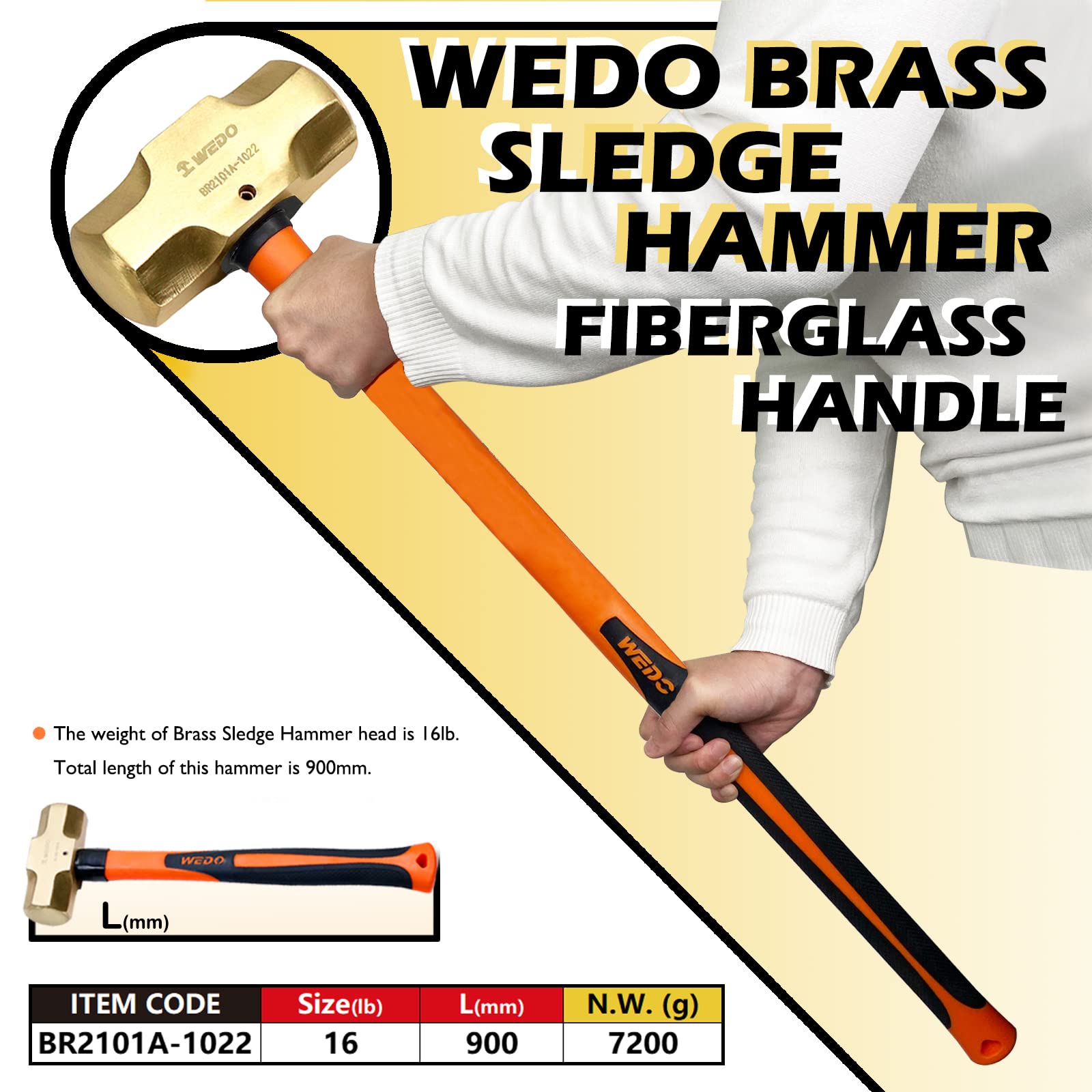 WEDO Mosiężny młot kowalski młotek z uchwytem z włókna szklanego, niemagnetyczny, matrycowy, odporny na korozję, standard DIN, 7,3 kg, 900 mm, 91.4 cm