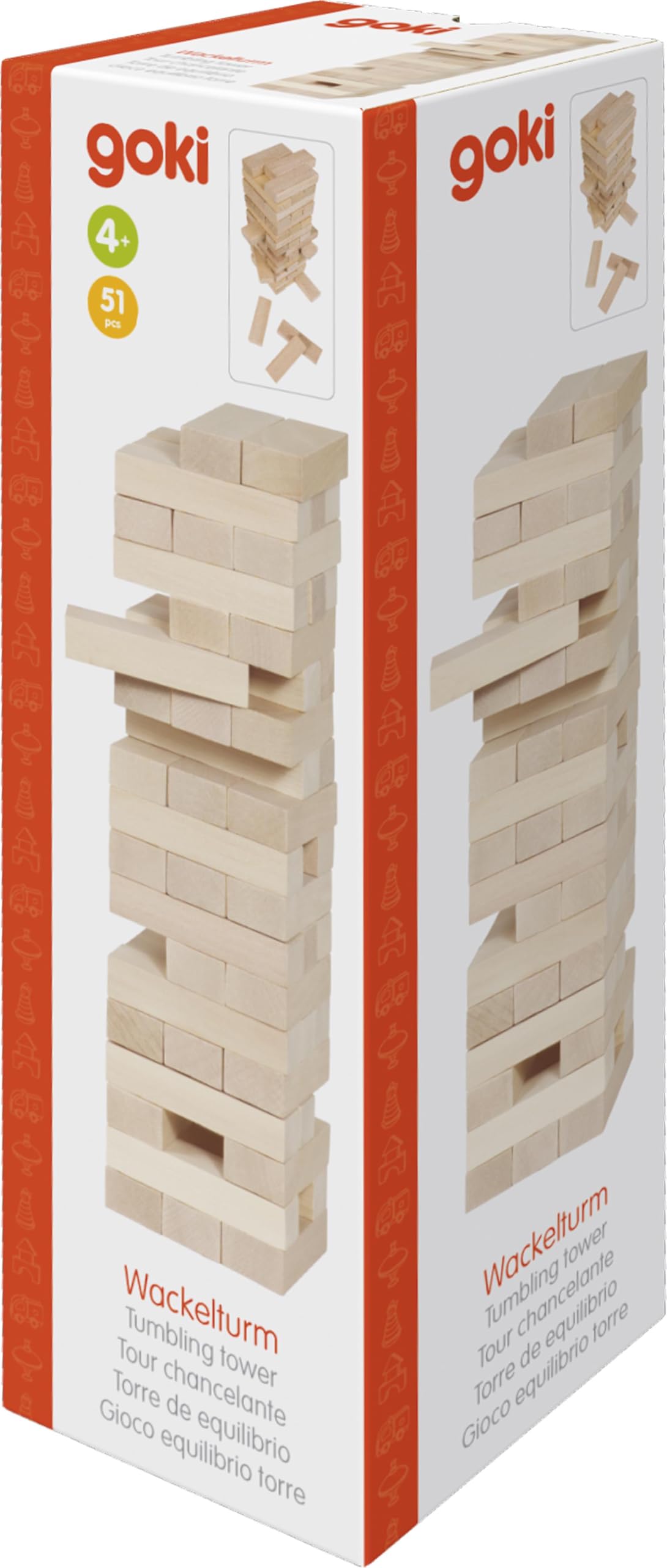 Geschicklichkeitsspiel Wackelturm: 7,5 x 7,5 x 25,5 cm, Holz, 51 Steine, per Stück