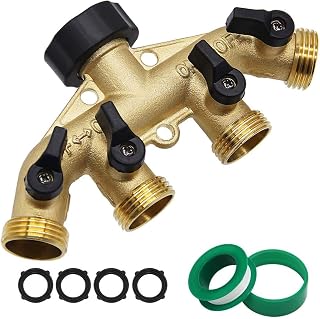 Twinkle Star 4-Way Heavy Duty Brass Garden Hose Splitter, 3/4" Leak-Proof Connector with 4 Individual Valves