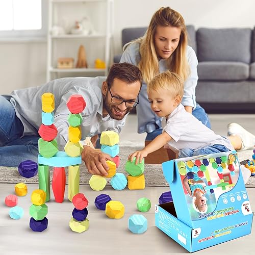 Miniatura 5 de oathx Montessori Toys Bloques de madera para niños pequeños de 1 a 3 años, 28 piezas de bloques de construcción de piedras apilables extragrandes,