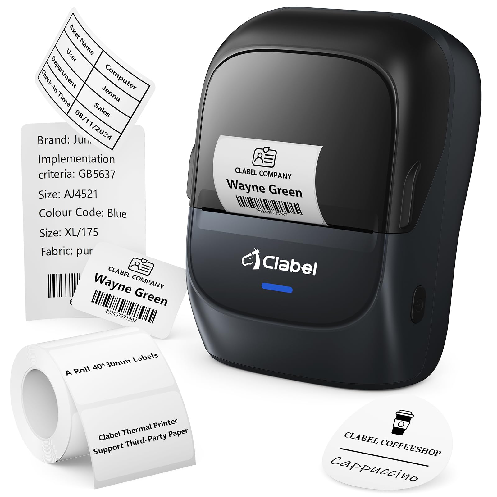 CLABEL Etichettatrice Etichette Adesive Bluetooth Termica | Mini Stampante Portatile Etichette Adesive Personalizzate, iOS & Android & PC, per Scuola Codice a Barre Ufficio Casa