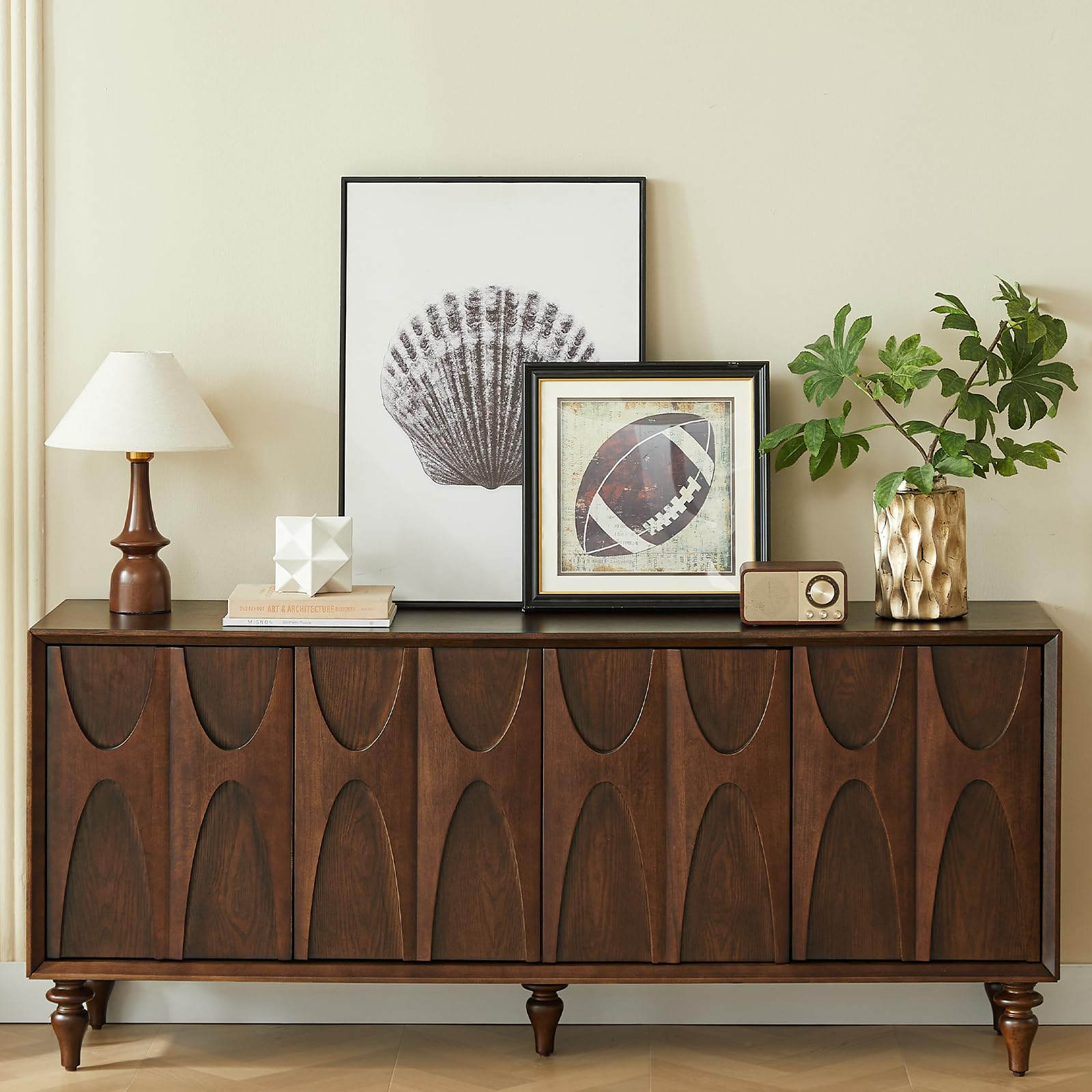 62.99" Sideboard Buffet Cabinet with Storage, Solid Wood Kitchen Storage Cabinet Credenza Accent Console Table with Solid Wood Roman Legs Dovetail Door Trim Panel Ash Veneer,Walnut