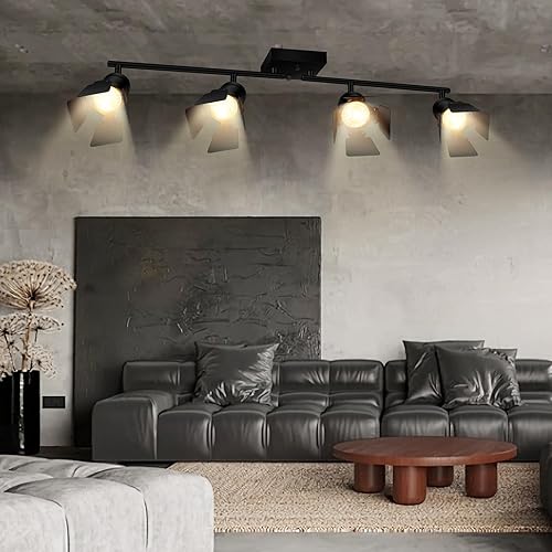 Miniatura 5 de 4 luces de riel de iluminación de techo, iluminación de riel negra con cabezales giratorios, lámpara de techo industrial vintage para cocina, sala