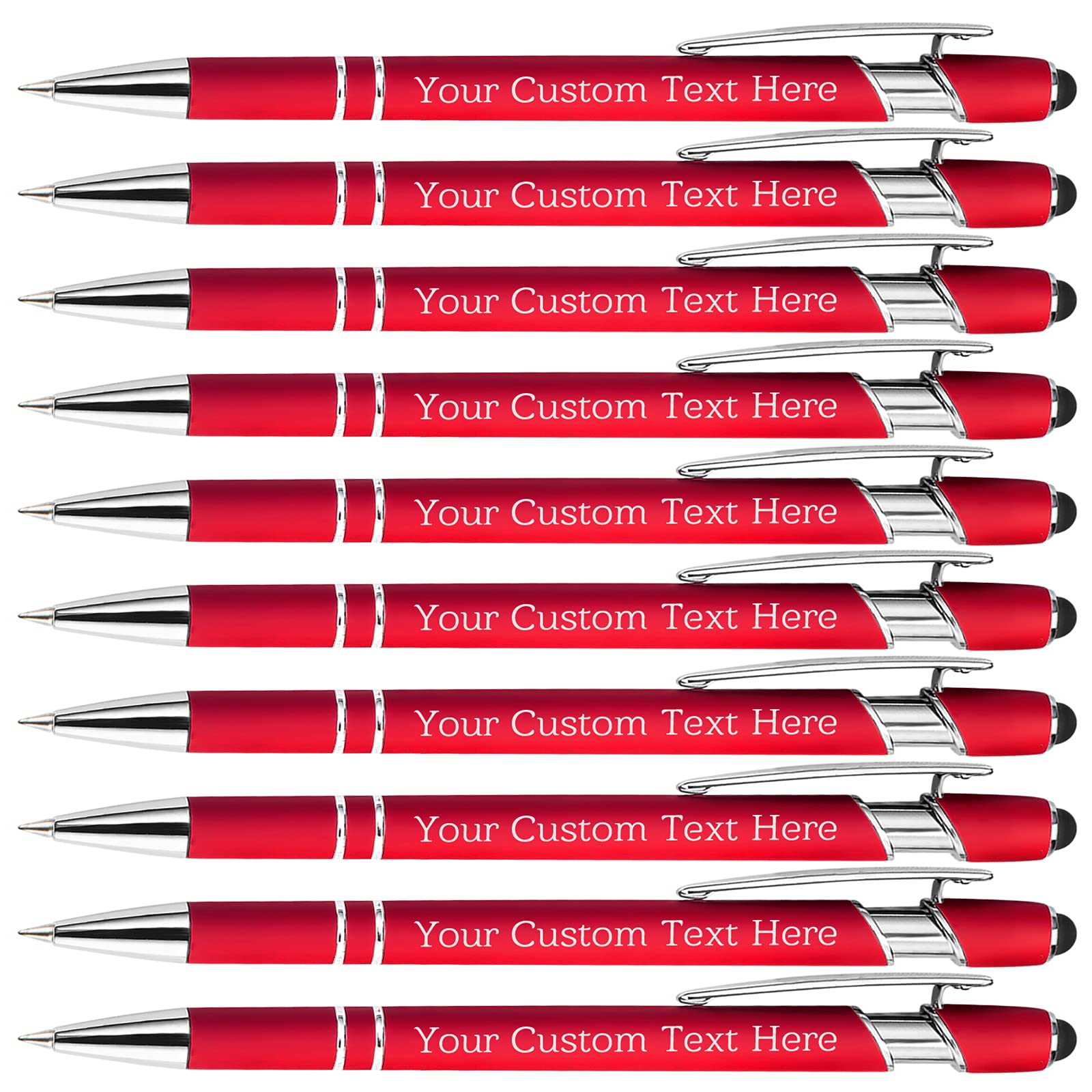 BYWEXCLESD Personalised Custom Pens Bulk Free Engraving with Name Message Customised Ballpoint Pens with Stylus for Business Office Graduation Customised Gifts for Men Women (10 Pcs Red)