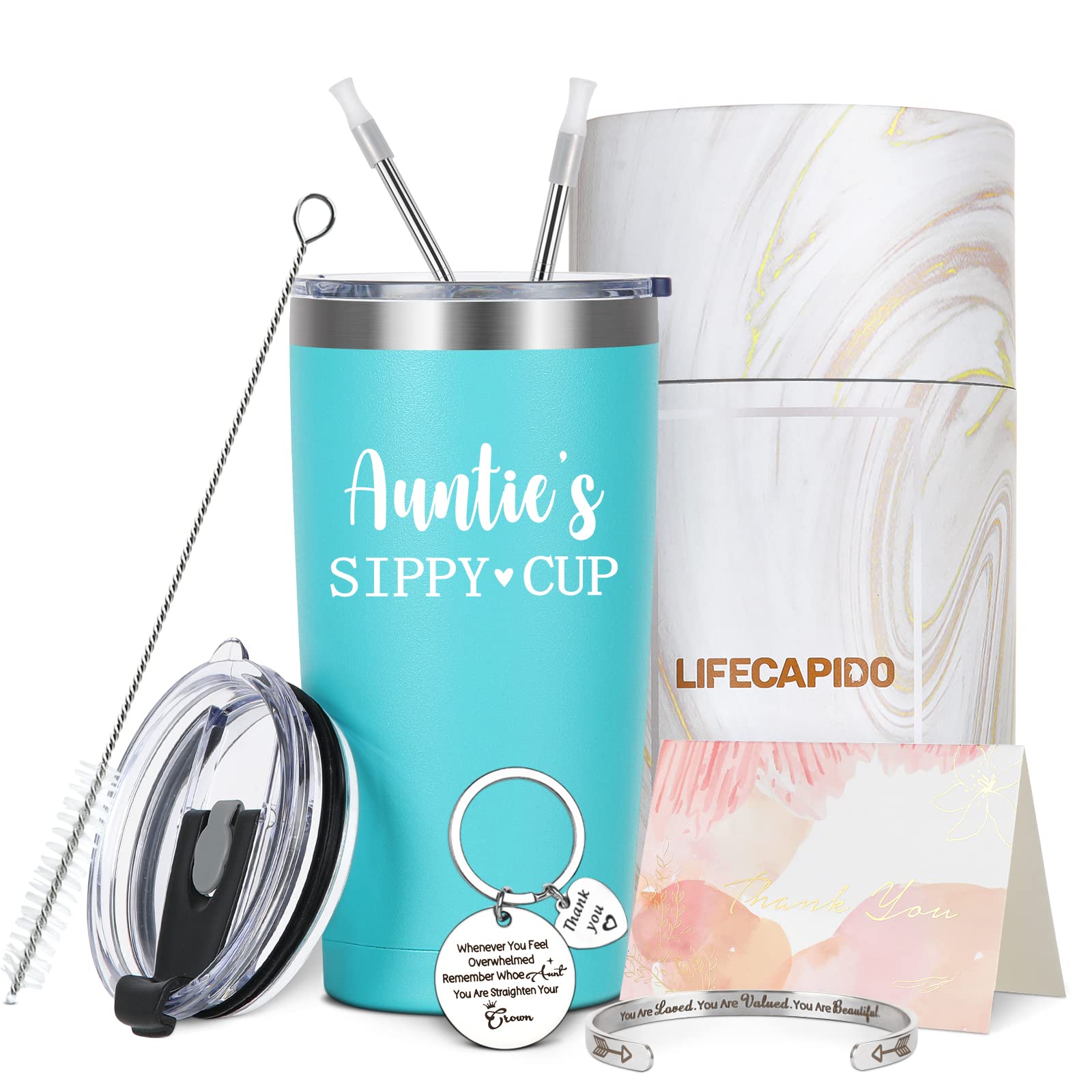 LifecapidoAunt Gifts from Niece- Auntie's Sippy Cup 20oz Tumbler with Lids, Aunt Tumbler Gift Set for Women Aunt Auntie - Gift Idea for Birthday Christmas Mother's Day, Aqua Blue