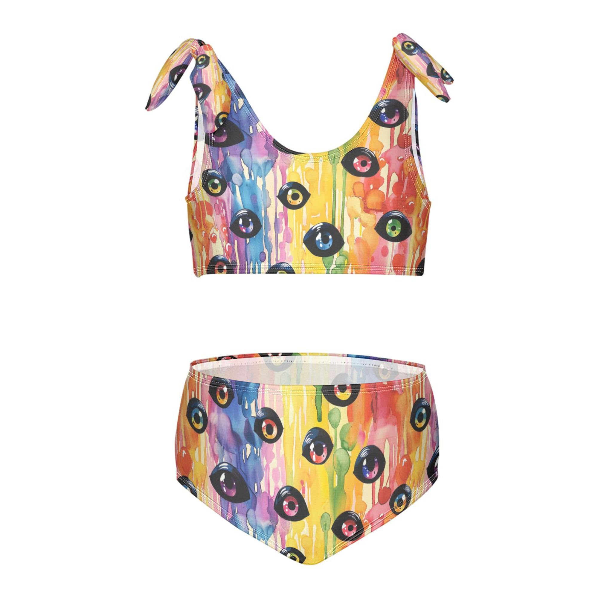 JUNZAN Halloween Scary Eyes Ball on Rainbow Girls Swimsuit 2 Piece High Waisted Little Girl Swimsuit Kids Swimsuits for Teen Girl Bathing 11-12T