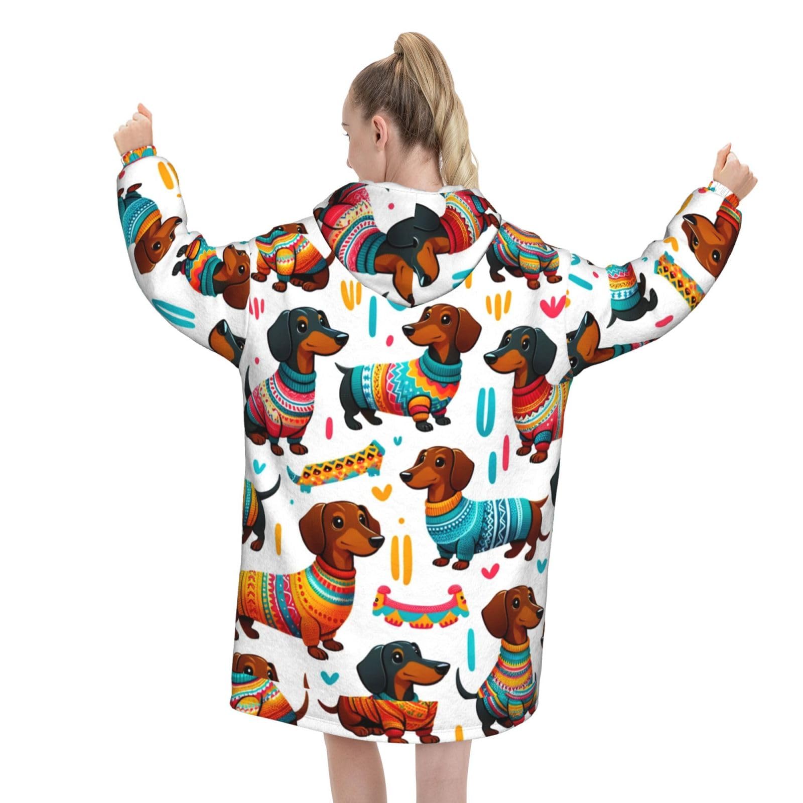 Oversized Flannel Wearable Blanket Hoodie For Adult Dachshund-In-Colorful-Sweaters Soft Fuzzy Hooded Lounging Pullover