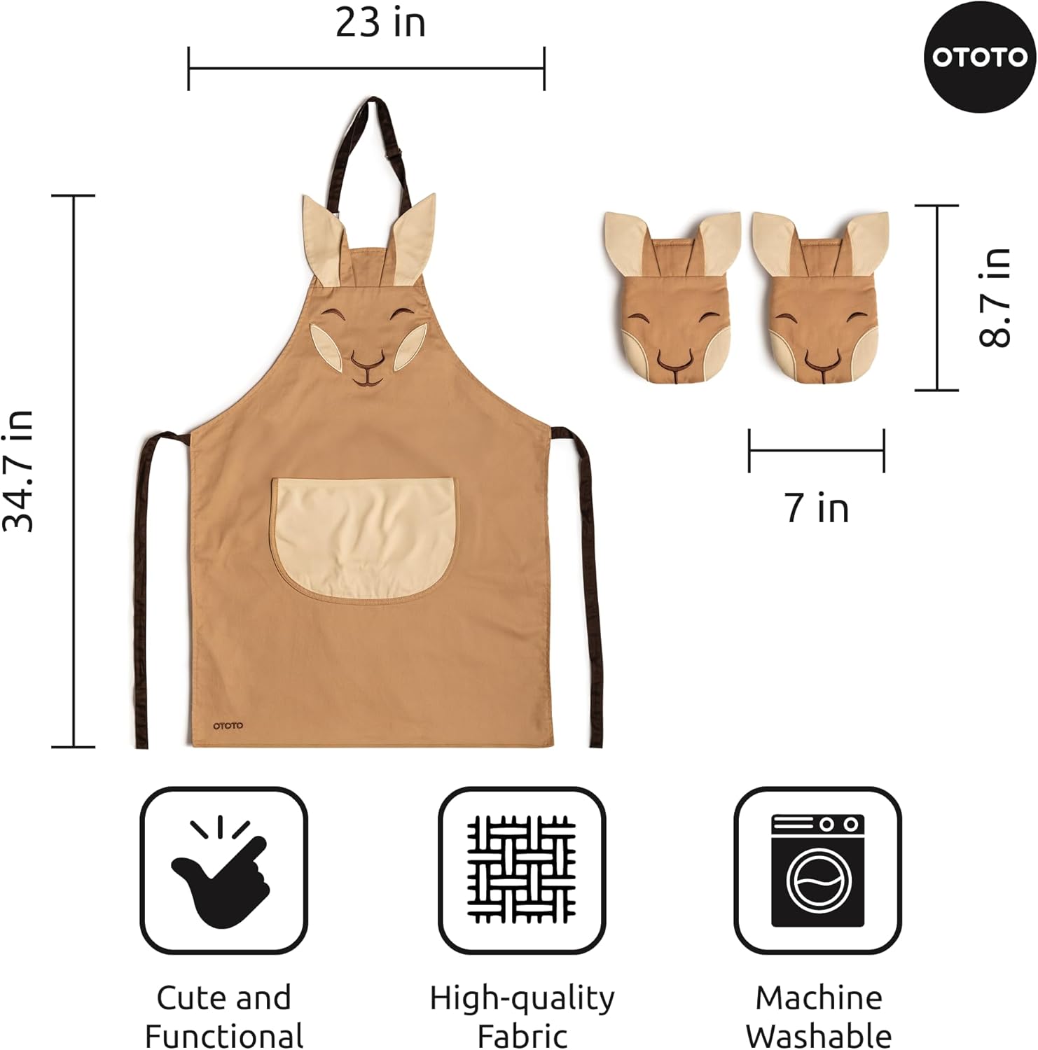 OTOTO Aproo Kitchen Set – Oven Mitts and Chef Apron with Pockets, Cute Cooking Accessories, Funny Kitchen Gift, Kangaroo (Brown Aproo Set)