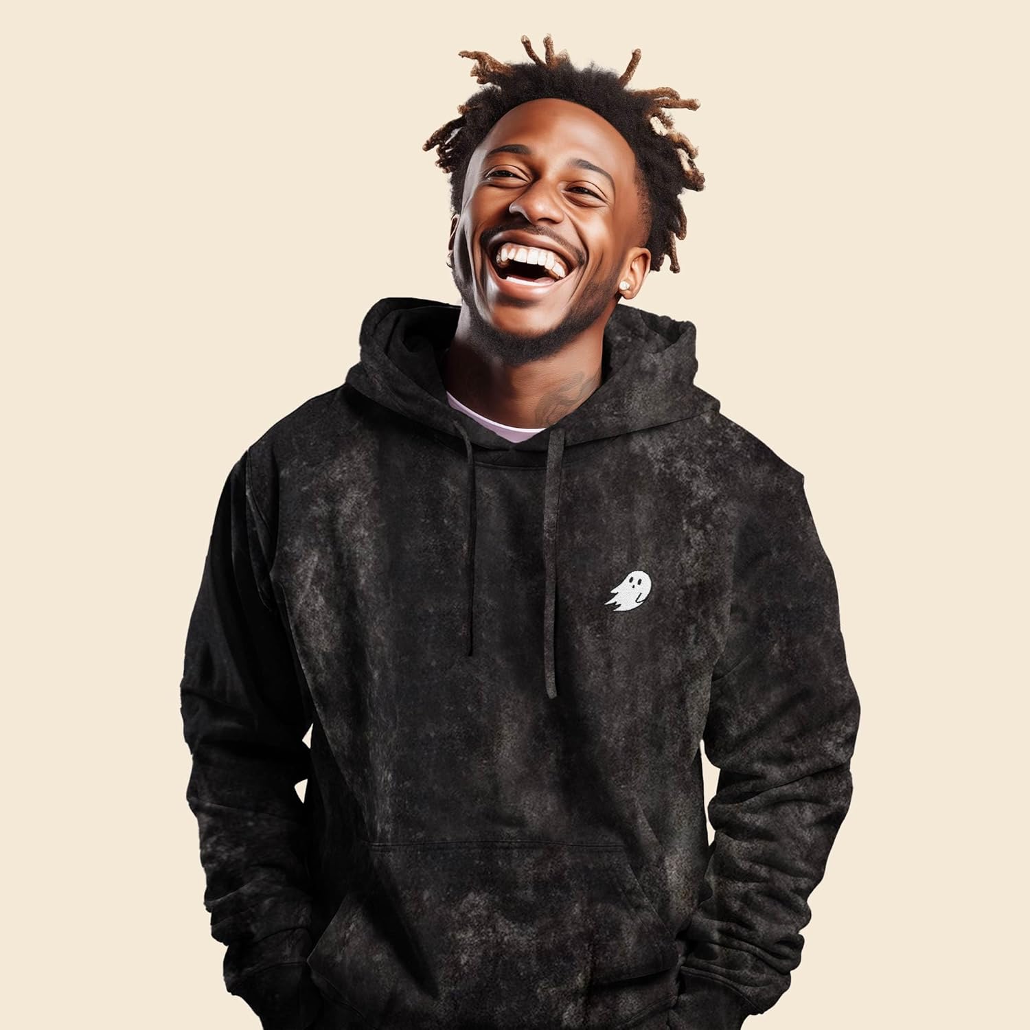 DALIX Ghost Embroidered Washed Hooded Sweatshirt Fleece Soft Cotton Mens