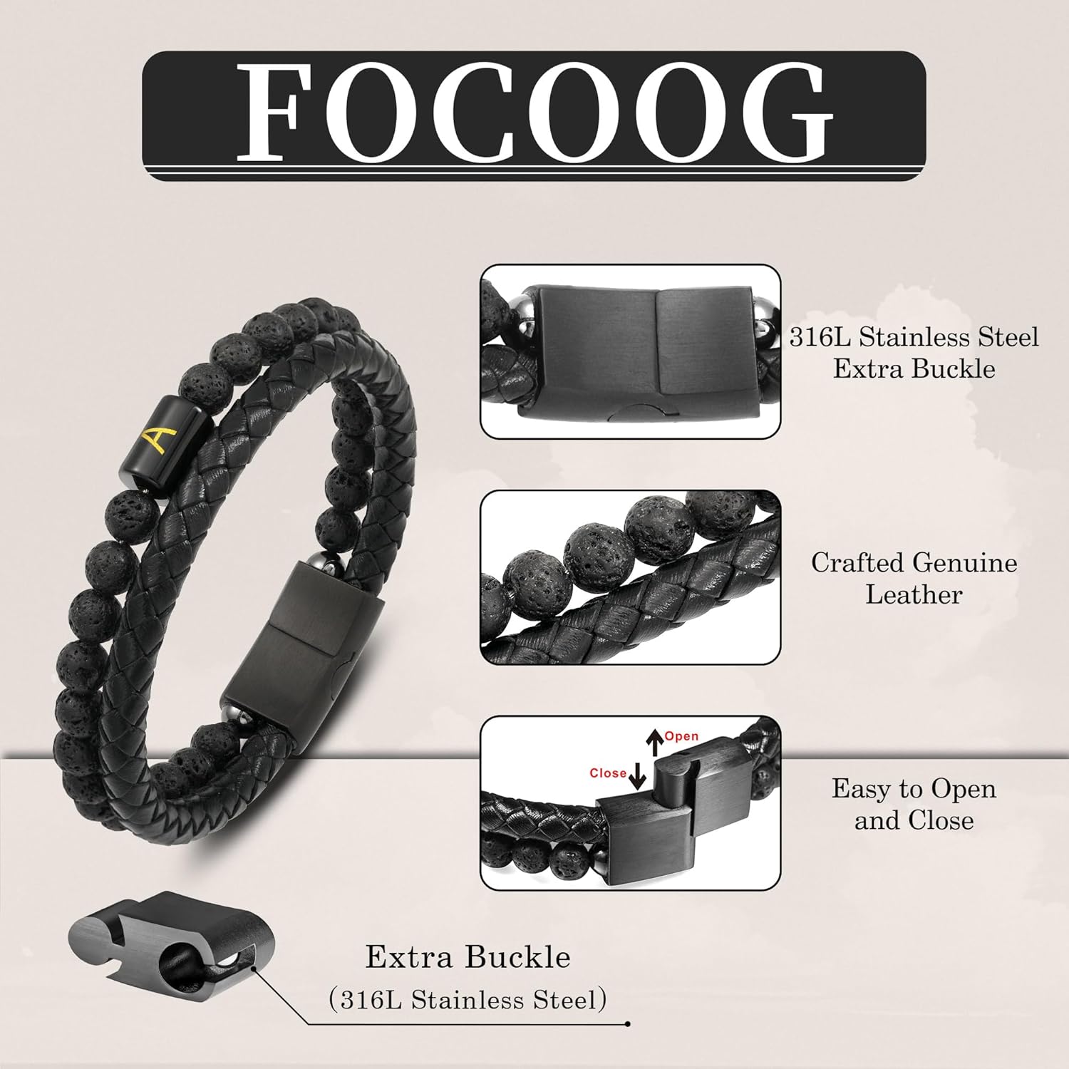 Leather Bracelets for Mens Gifts - Premium Genuine Leather Natural Lava Rock Matte Agate Adjustable Stainless Steel Magnetic Clasp Initial Bracelet, Unique Gifts for Men Husband Dad Son - Image 7