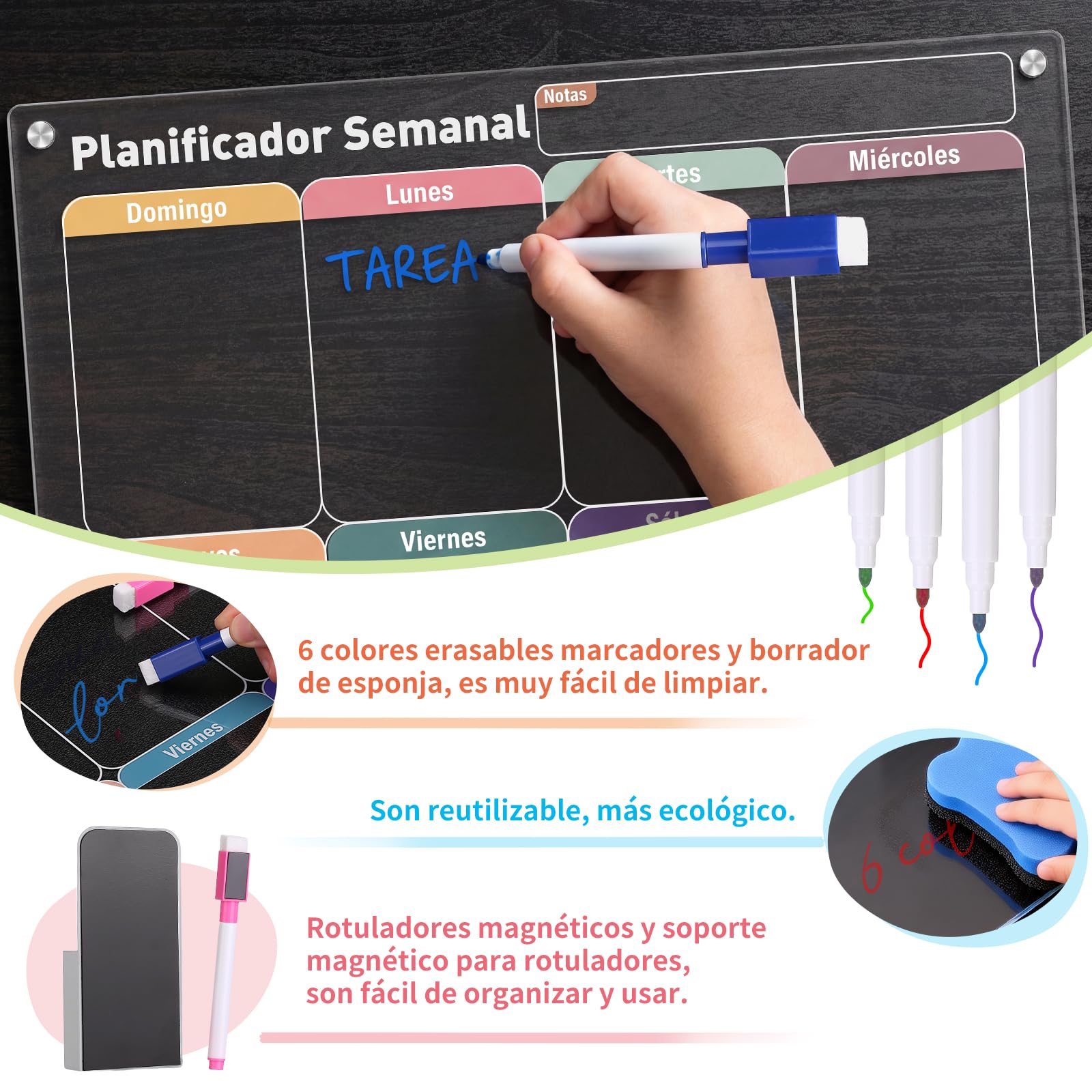 Kesote Calendario y Pizarra Magnética para Nevera en Español 40cm×30cm Planificador Semanal y Mensual de Metacrilato Transparente, Incluye 6 Rotuladores, Borrador y Soporte Magnético para Rotuladores