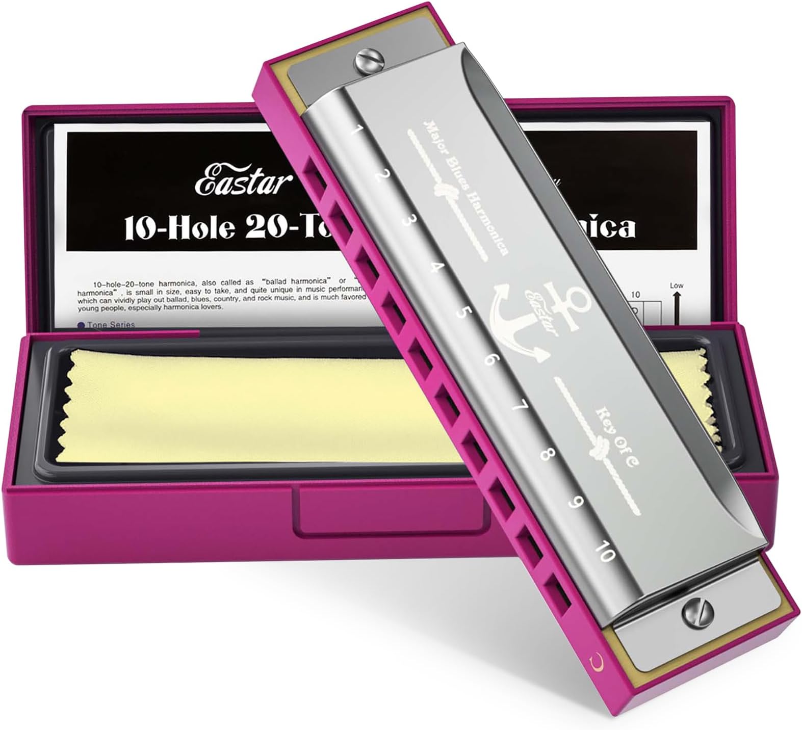 Eastar Major Blues Diatonic Harmonica, 10 Holes Harmonica of C Key for Kids, Adults, Students with Hard Case and Canvas, Pink