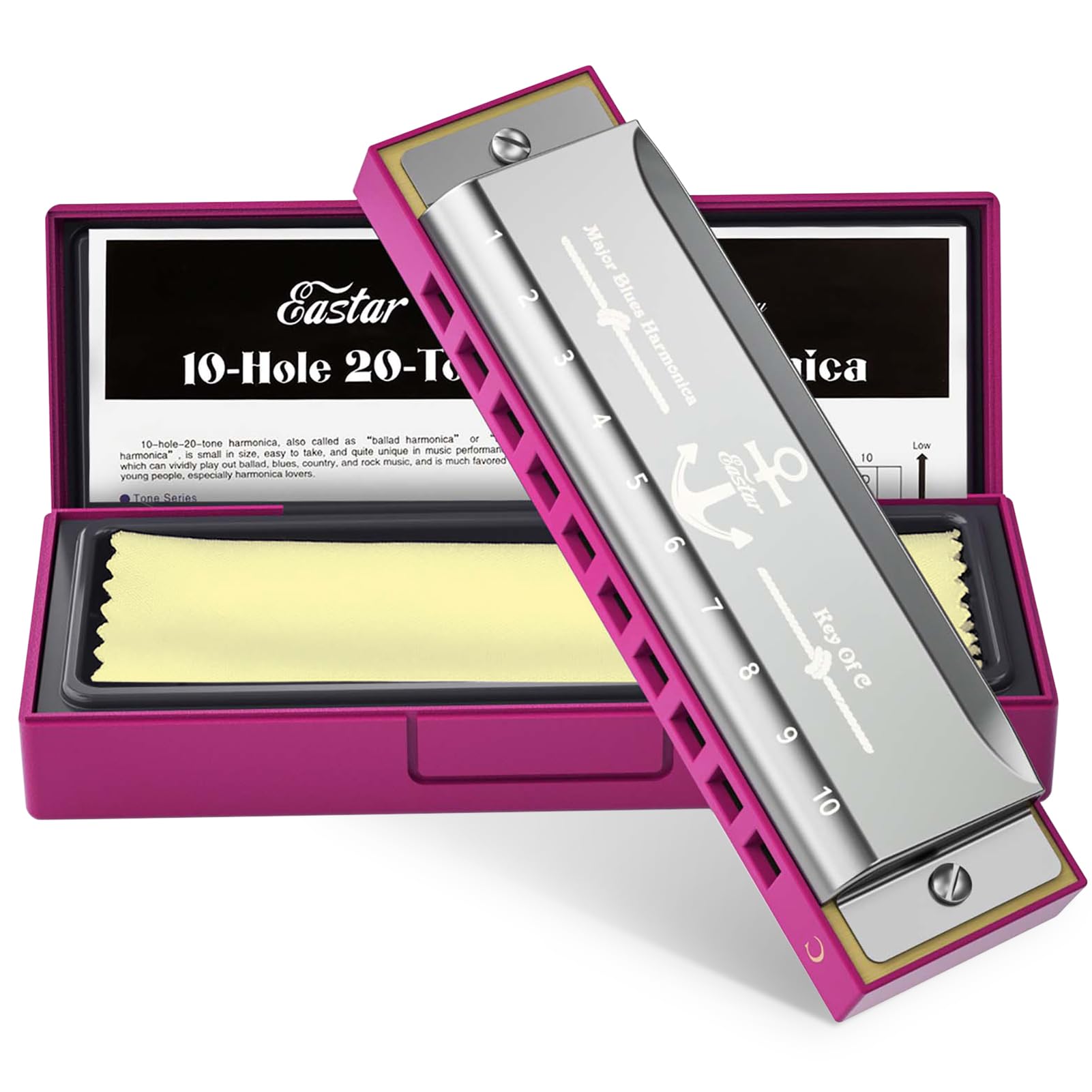 Eastar Major Blues Diatonic Harmonica, 10 Holes Harmonica of C Key for Kids, Adults, Students with Hard Case and Canvas, Pink