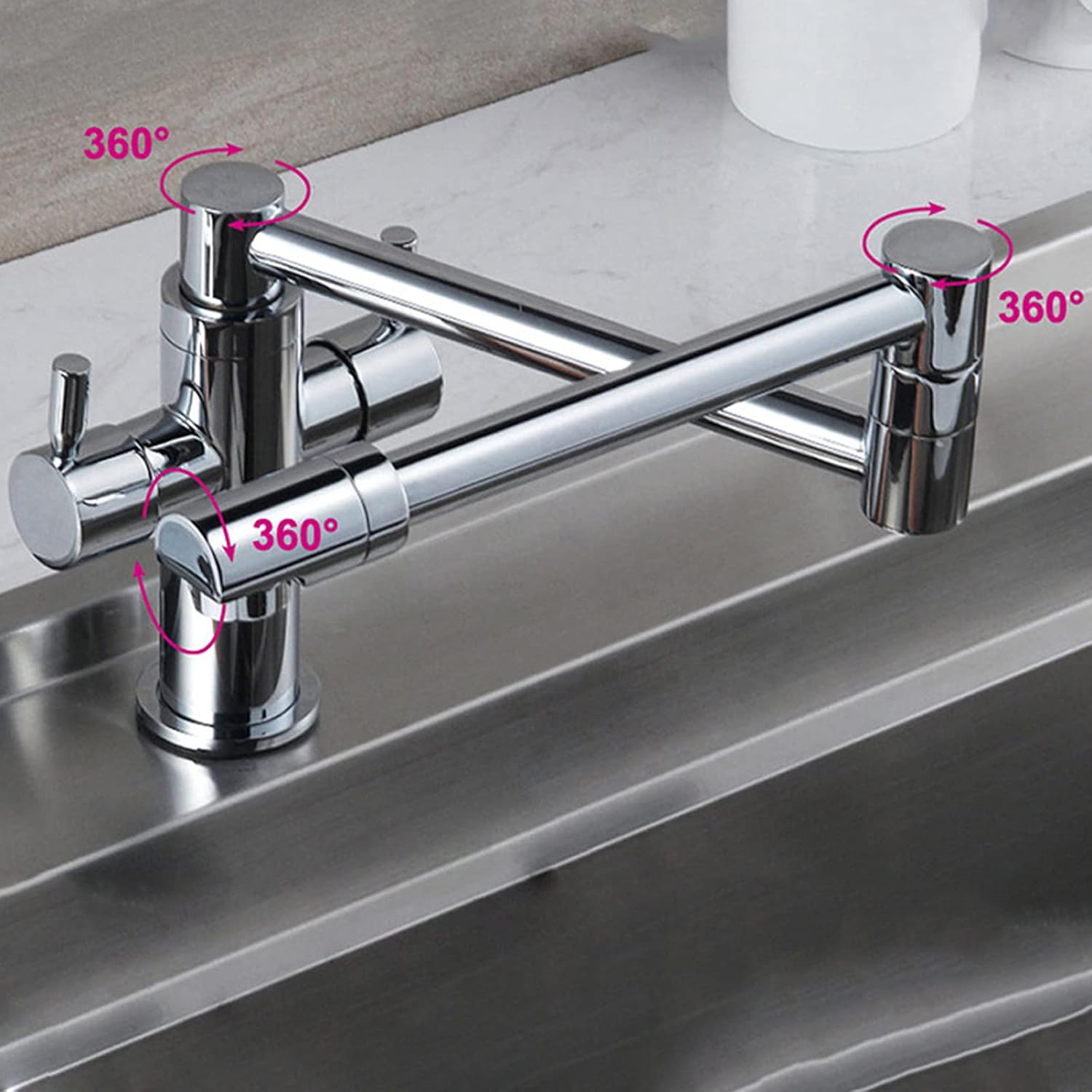 Kitchen Faucet, Rotating Folding Retractable Sink with 1 Hole Deck Mounted, Brass Double Handles Hot and Cold Water Mixer Tap, Electroplating