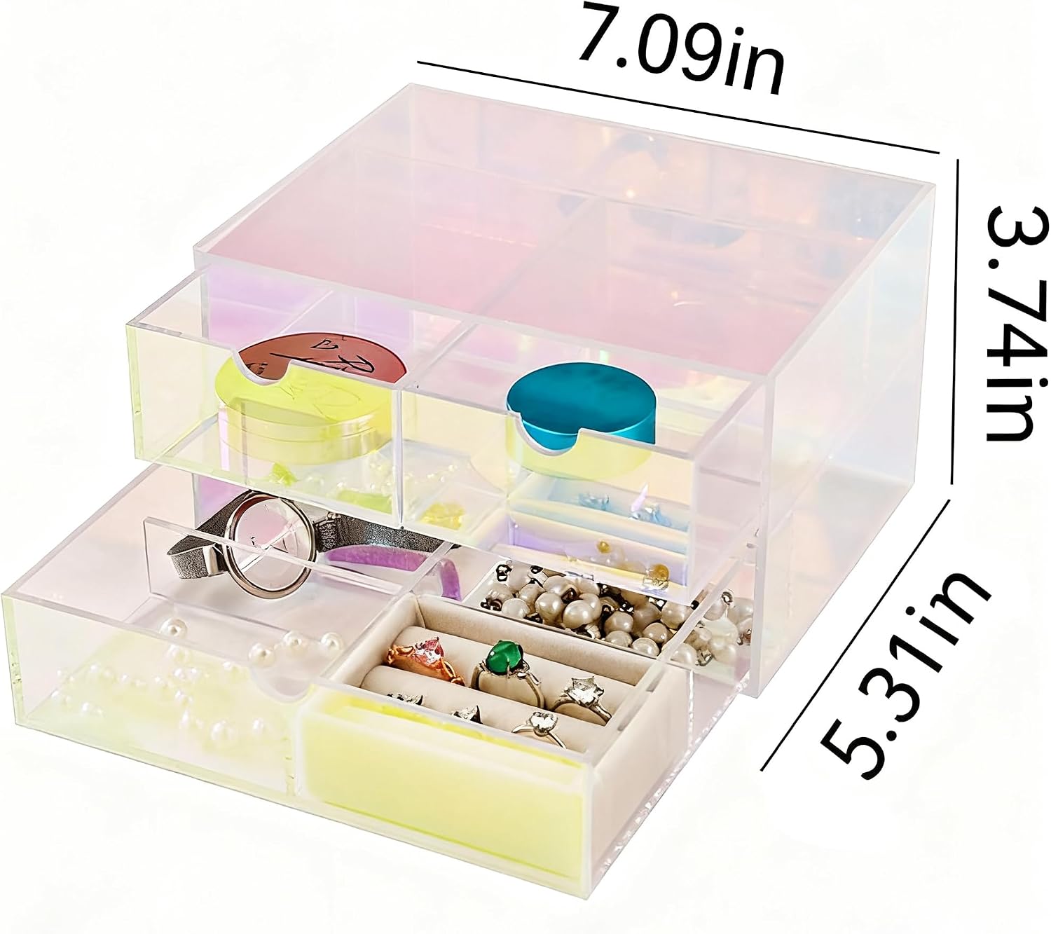AZY Rainbow Acrylic Earring Organizer 2-Tier 3-Drawer with 6 Compartments, Multi-Purpose Vanity Countertop Organizer, Velvet Jewelry Tray for Rings, Necklaces, Makeup & Small Accessories