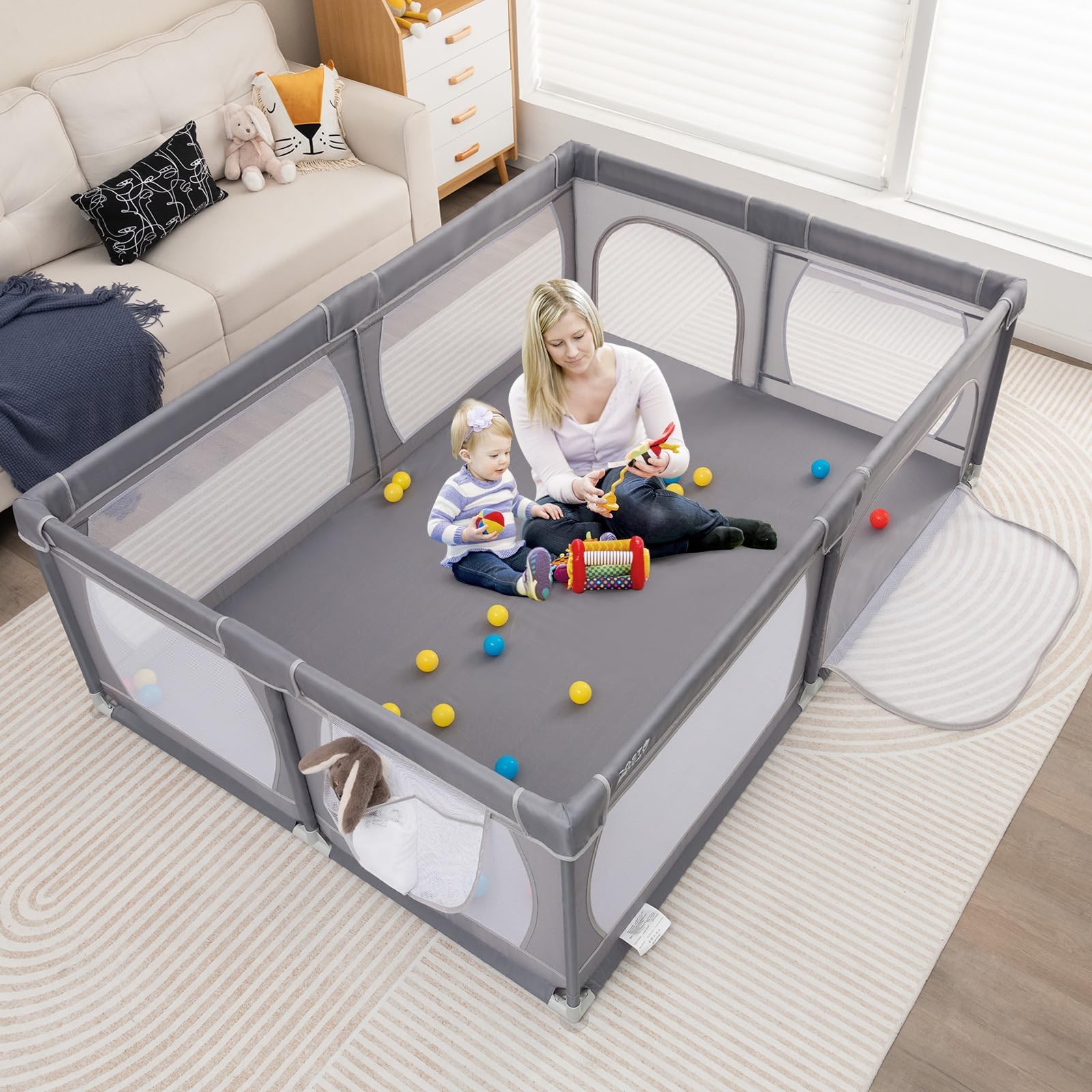 COSTWAY 205 x 147cm Laufstall Baby faltbar, Laufgitter mit 50 Bällen, 2 Türen, Seitentasche, atmungsaktivem Netz & Reißverschluss, Laufgitterzelt für Säuglinge & Kinder (Dunkelgrau)