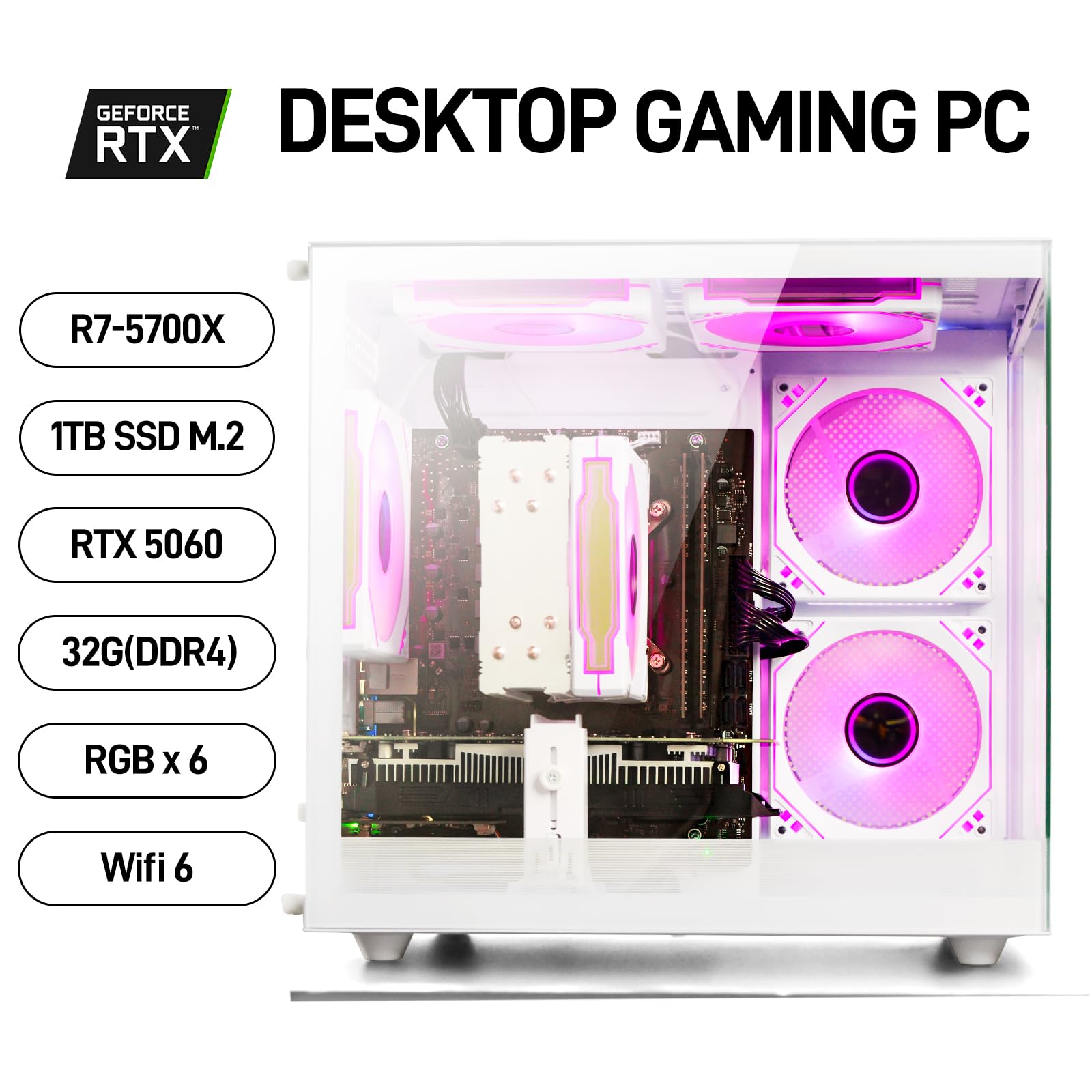 Gaming PC Desktop Ryzen 7 5700X, GeForce RTX 5060, 32G DDR4 RAM, 1TB NVME SSD, WiFi 6, 4K Prebuilt Tower Computer for VR Gaming, Streaming, Home and Office (White)