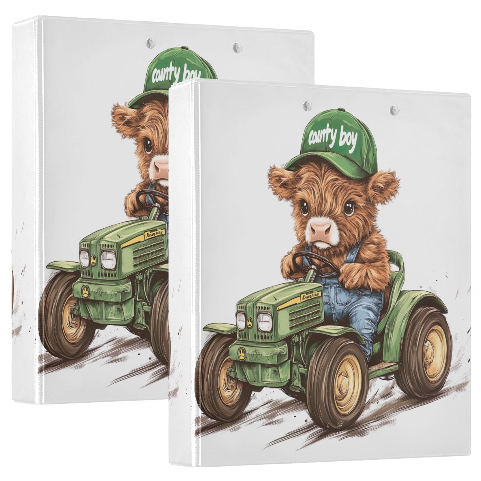 Confezione da 2 raccoglitori ad anelli con 3 anelli, motivo mucca delle Highland, colore bianco, con tasche, grandi, per scuola, università e ufficio