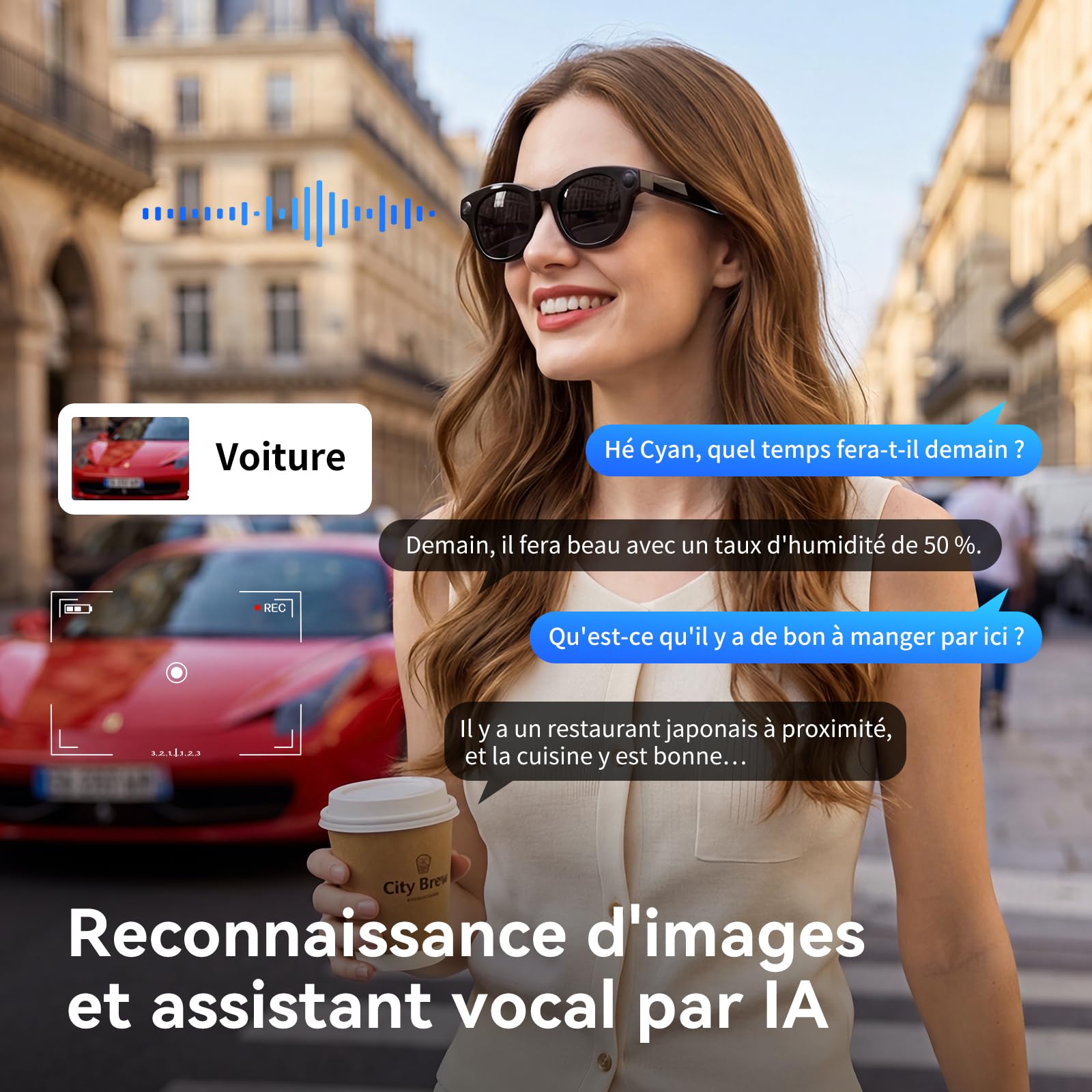 Lunettes Intelligentes AI, Lunettes de Traduction, Verres 3 Couleurs Interchangeables, Protection UV, Appareil Photo HD avec Flash LED, Assistant Vocal, pour Courir, Rouler, Réunion d'affaires